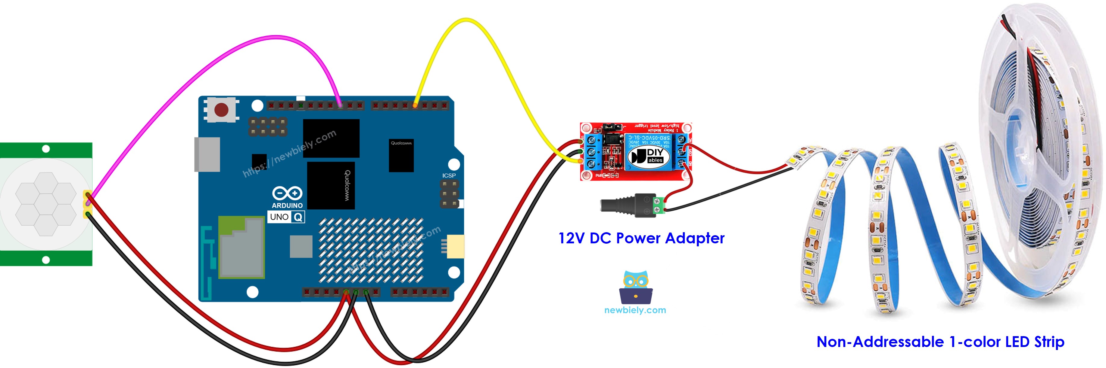 Schéma de câblage Arduino UNO Q Capteur de Mouvement Ruban LED