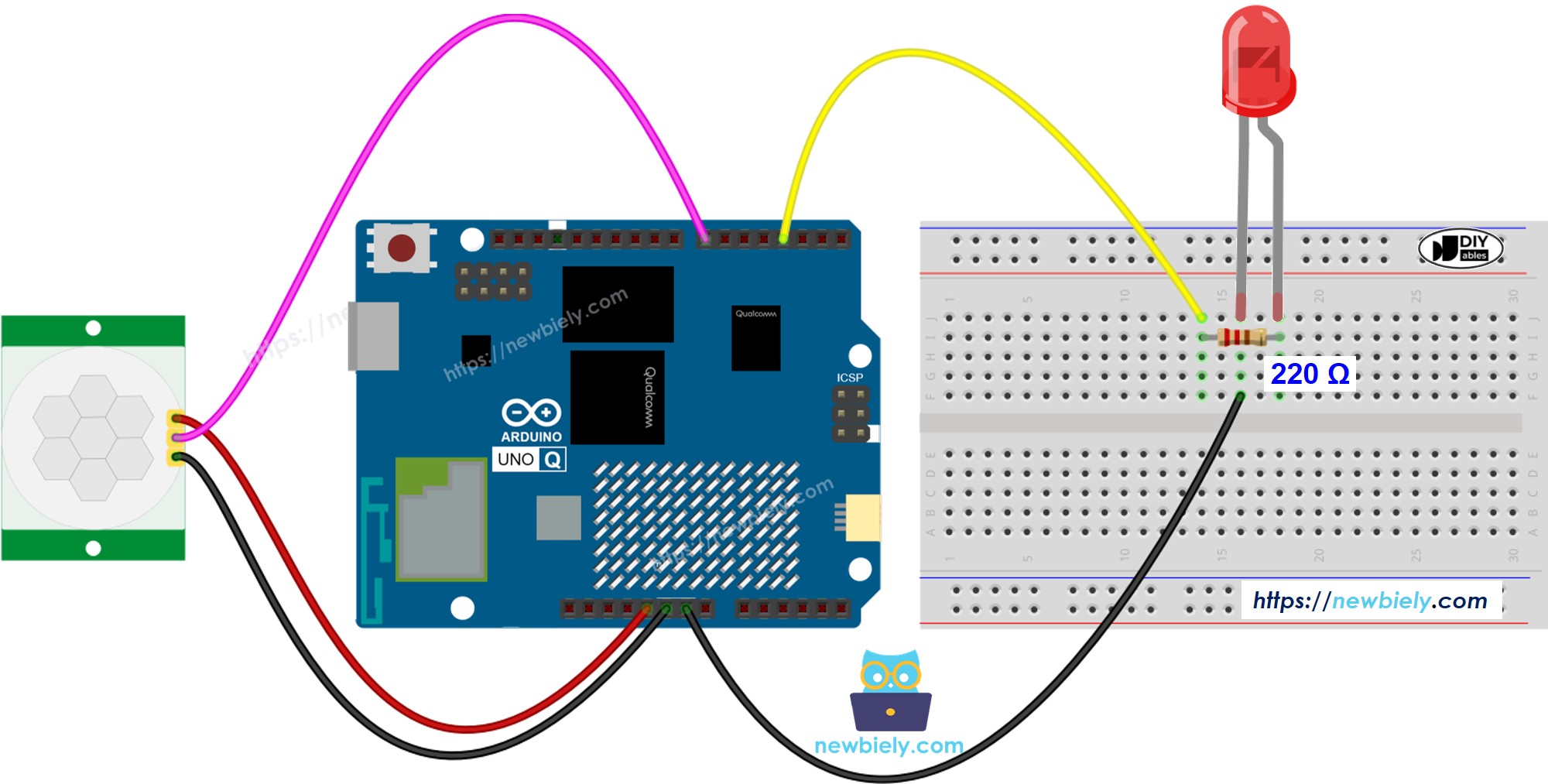 Schéma de Câblage Arduino UNO Q Capteur de Mouvement LED