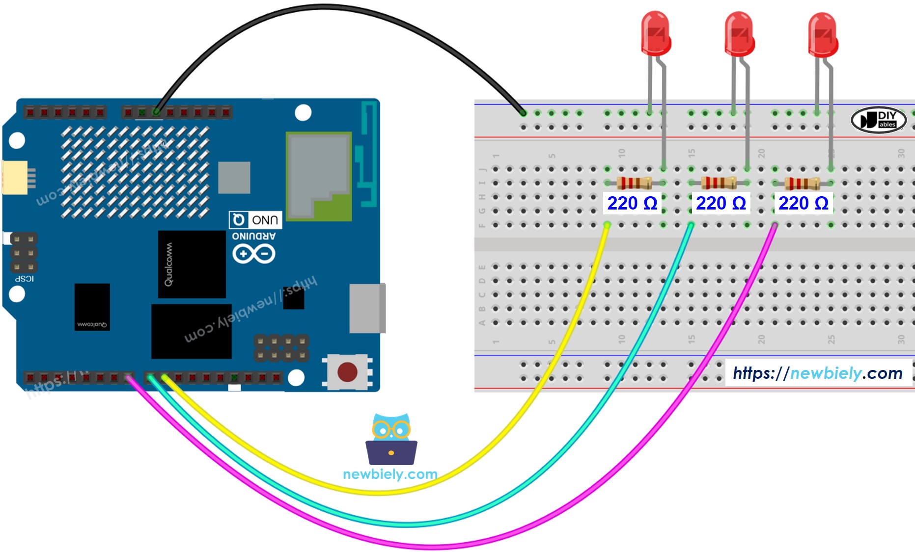 Schéma de câblage Arduino UNO Q Plusieurs LEDs