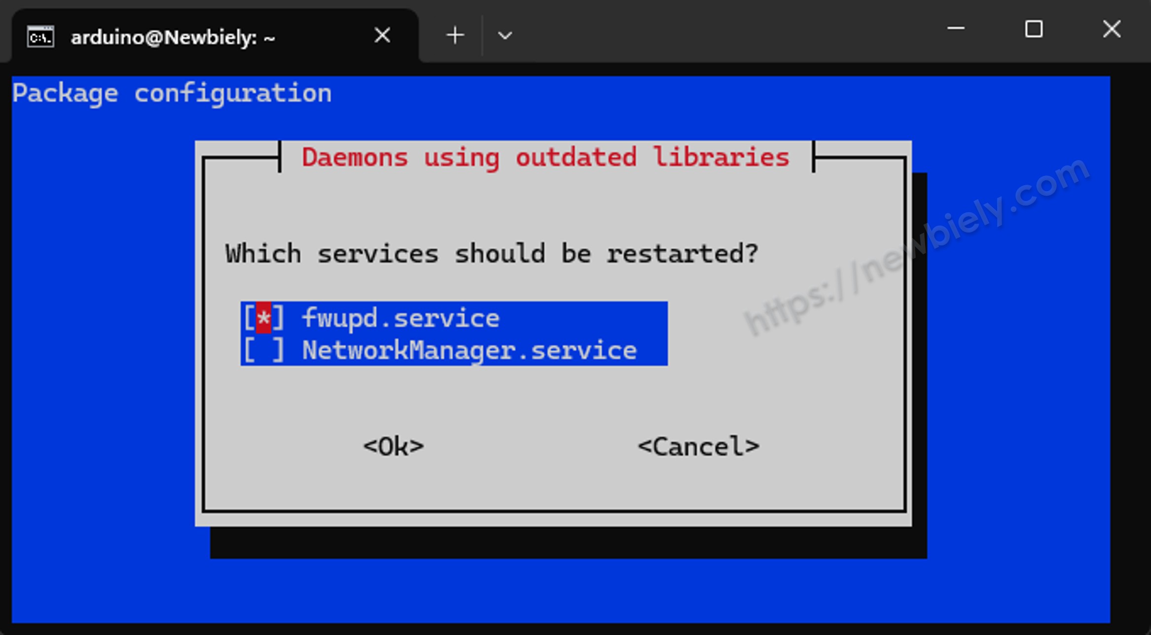 Invite de redémarrage des services lors de l'installation de Node.js sur Arduino UNO Q