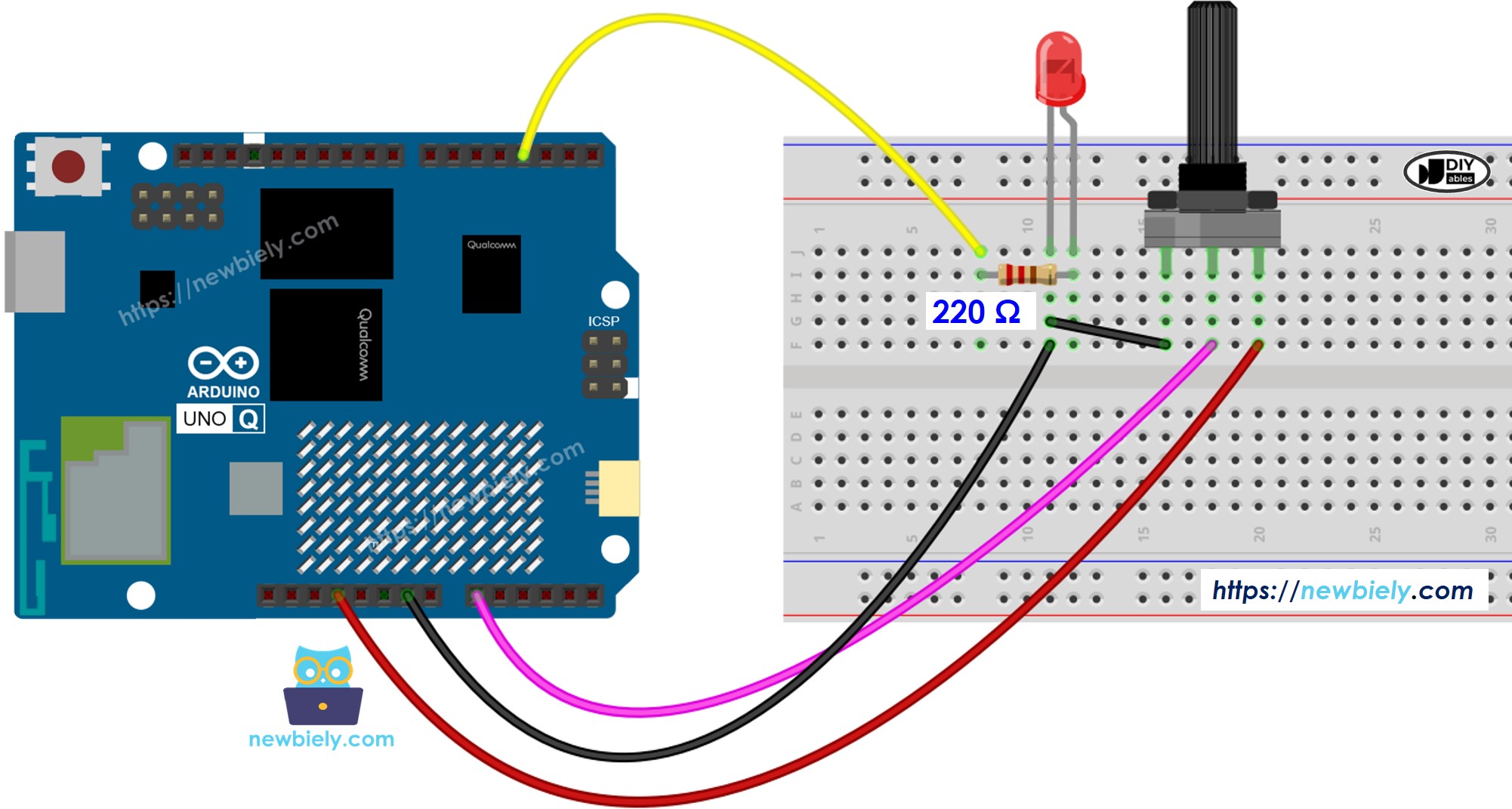 Schéma de Câblage Potentiomètre LED Arduino UNO Q