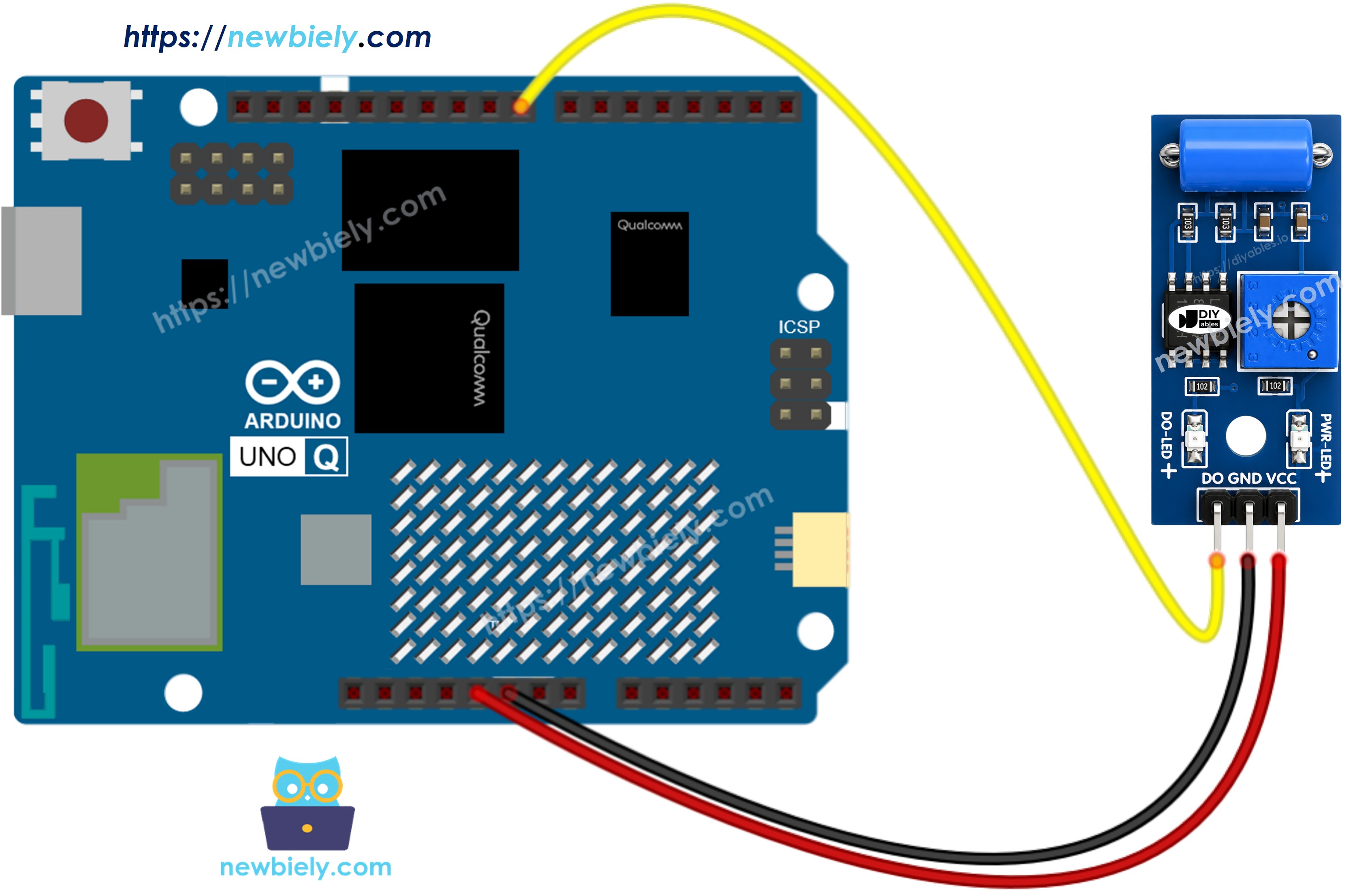 Schéma de câblage Arduino UNO Q Capteur de Vibration SW-420