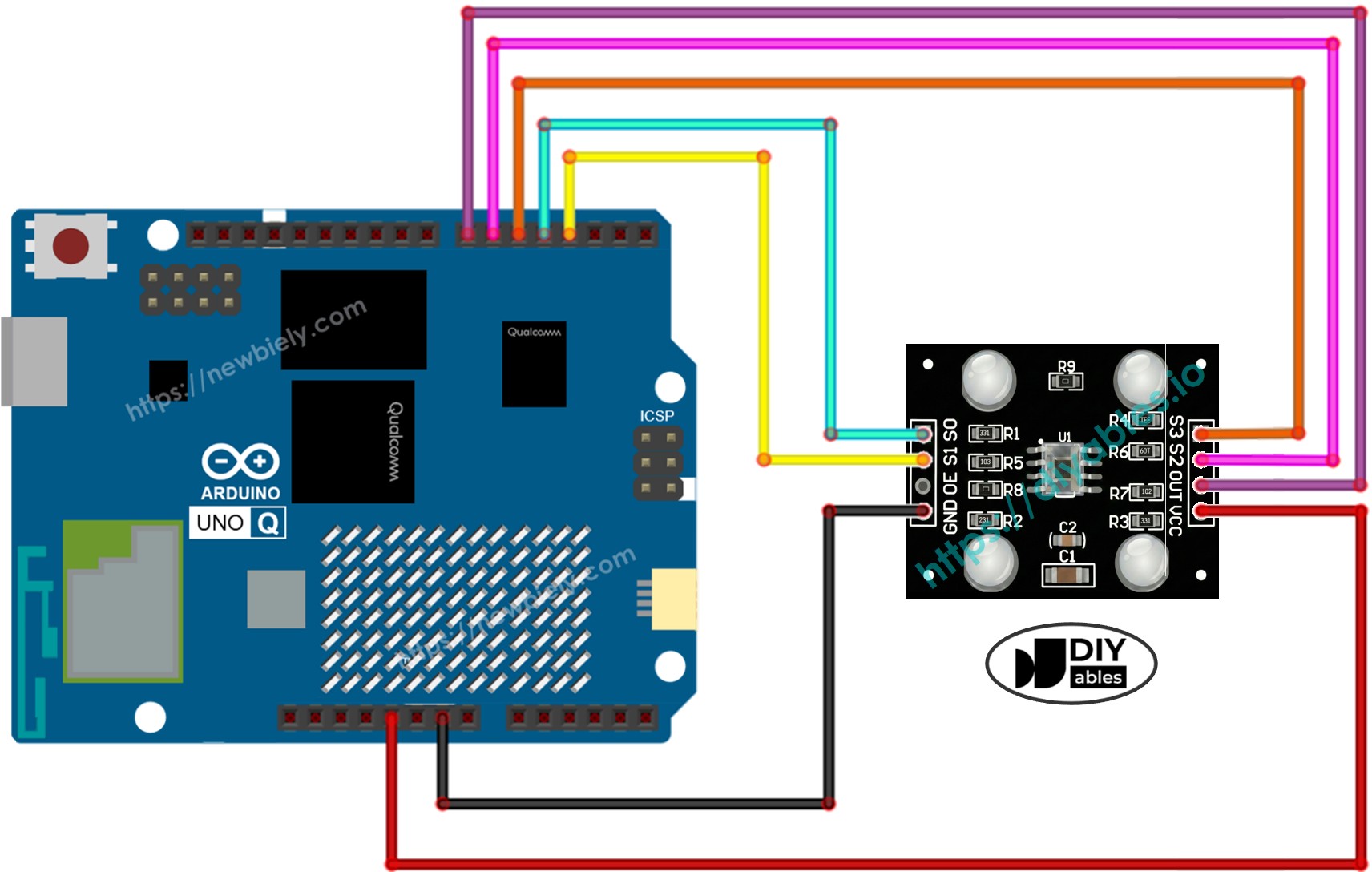 Schéma de Câblage Arduino UNO Q Capteur de Couleur TCS3200
