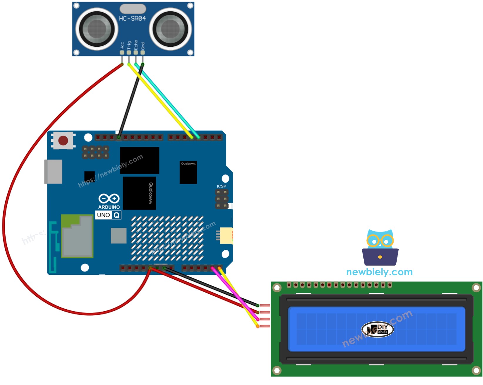 Schéma de Câblage Arduino UNO Q Capteur à Ultrasons LCD