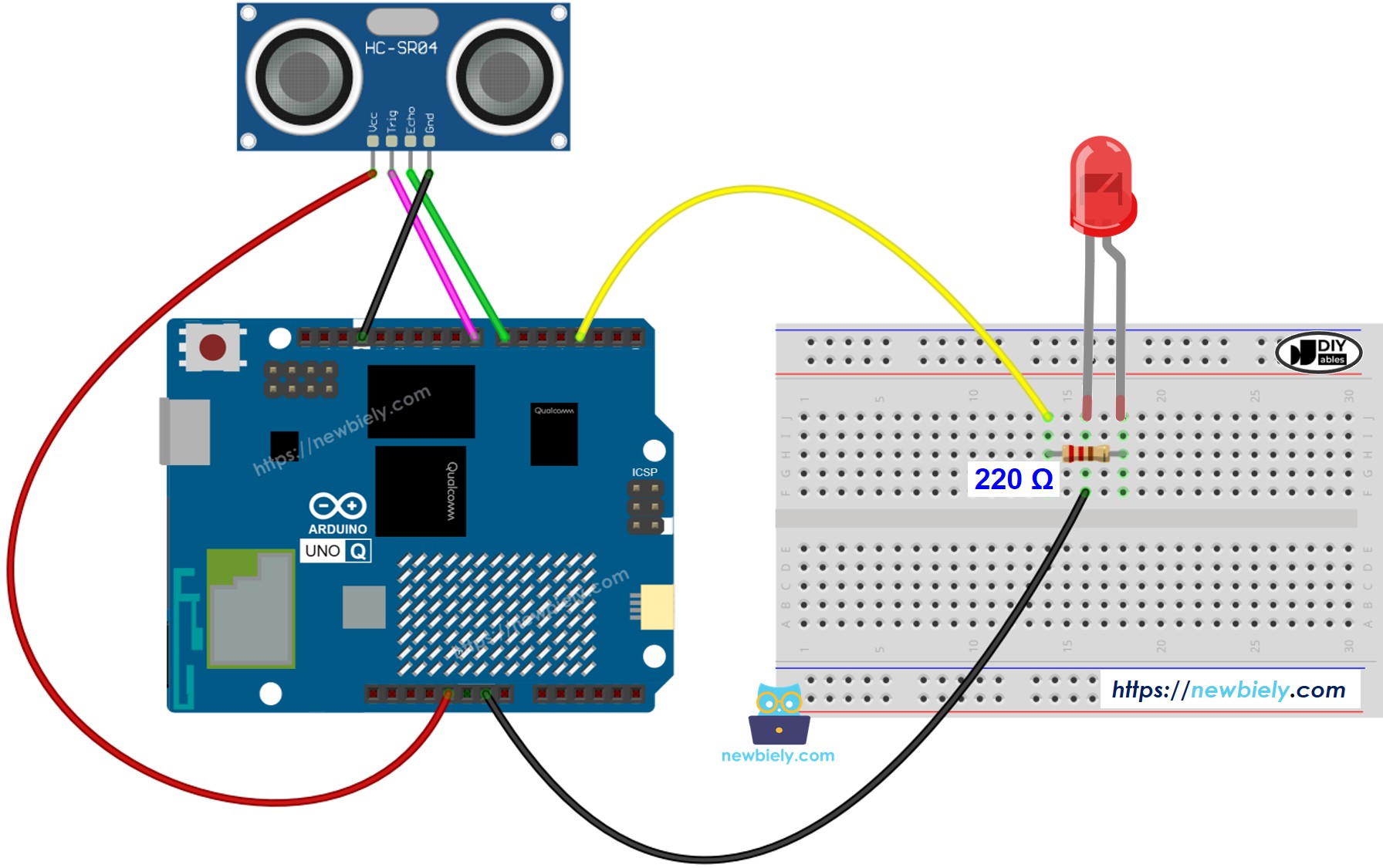 Schéma de Câblage Arduino UNO Q Capteur Ultrasonique LED