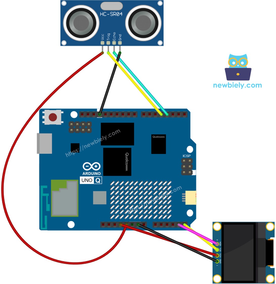 Schéma de Câblage Arduino UNO Q Capteur Ultrasonique OLED
