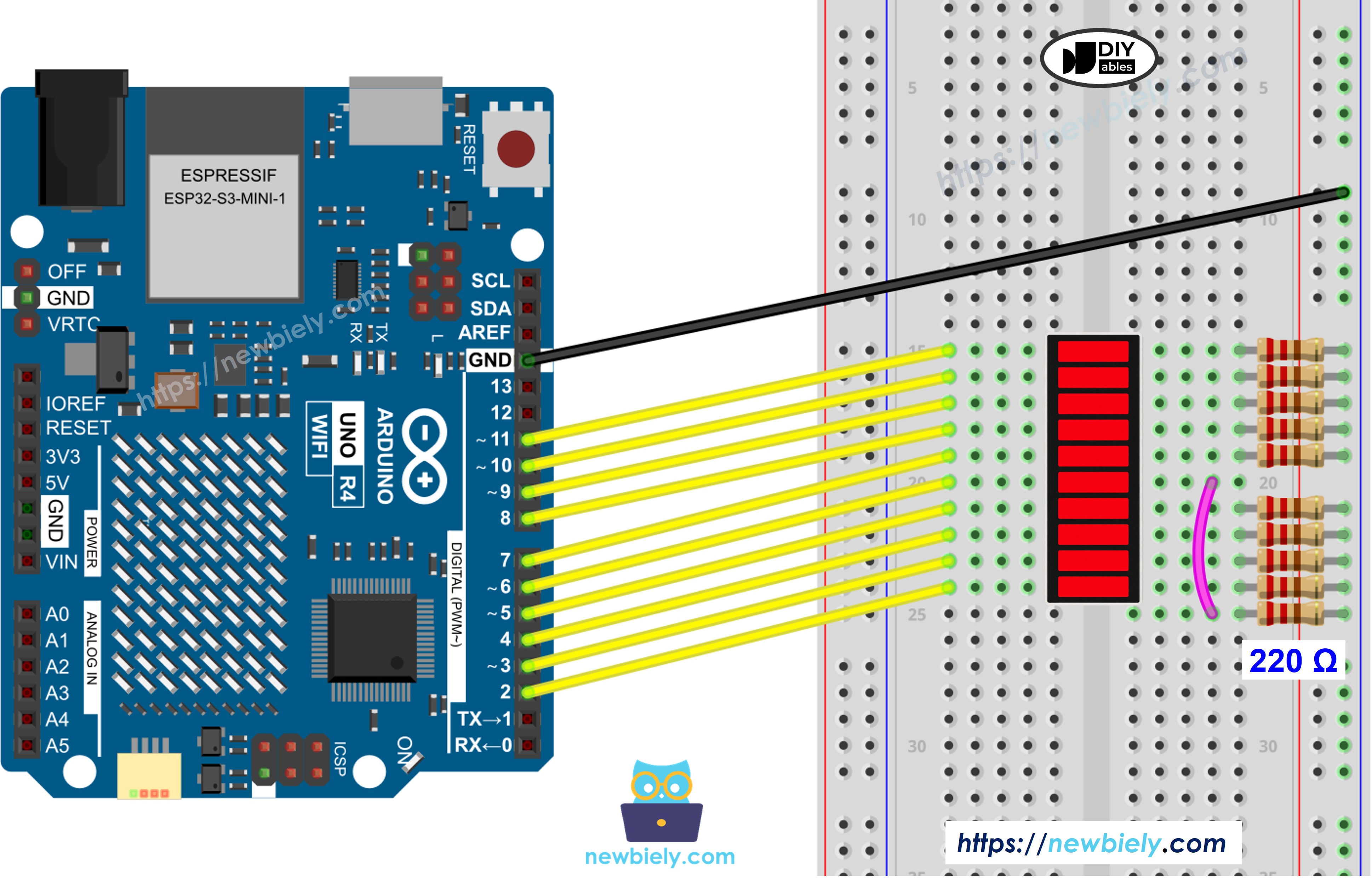Schéma de câblage Arduino UNO R4 et Bargraphe LED 10 Segments