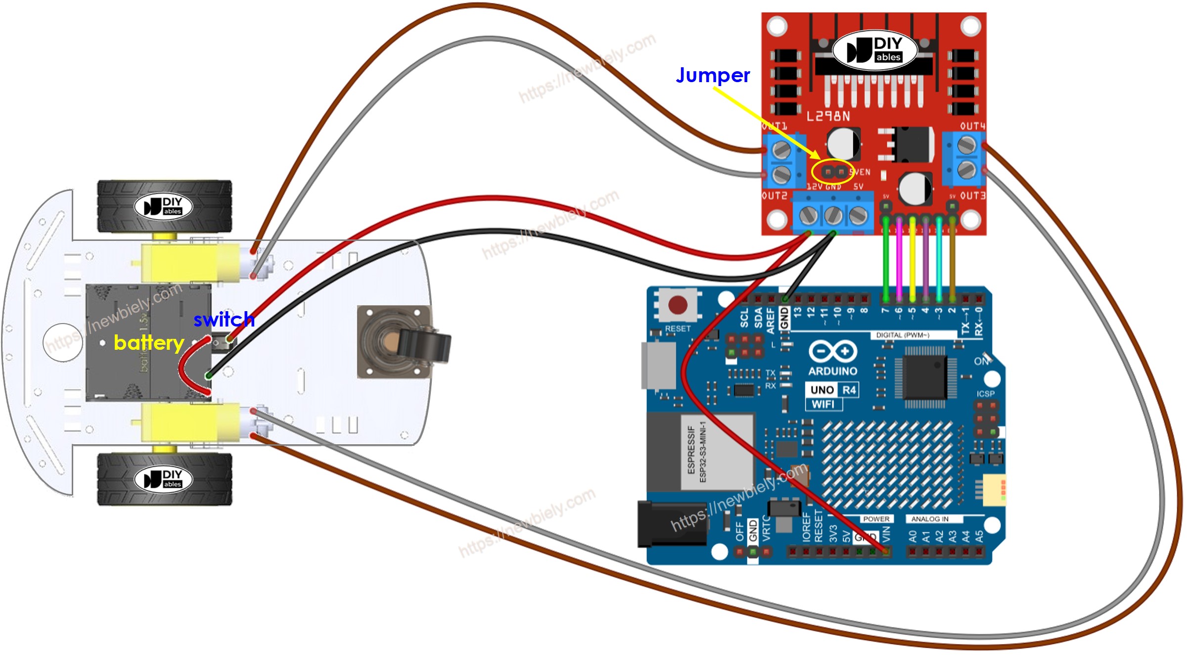 Schéma de câblage de la voiture RC à deux roues motrices Arduino UNO R4