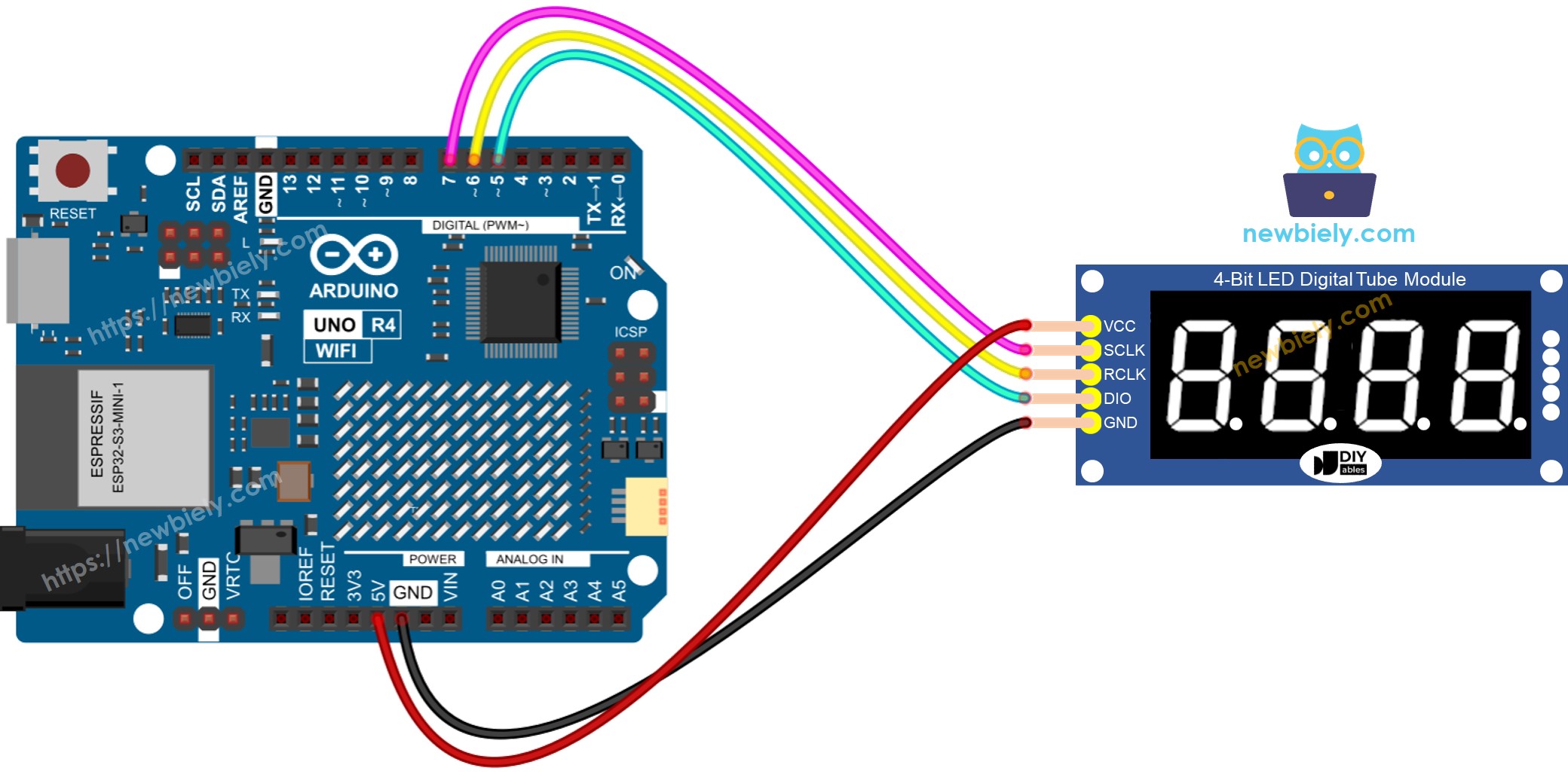 Schéma de câblage du module Arduino UNO R4 74HC595
