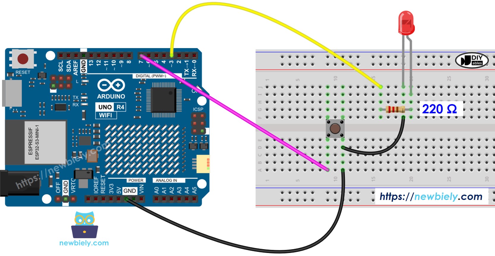 Schéma de câblage pour bouton LED Arduino UNO R4