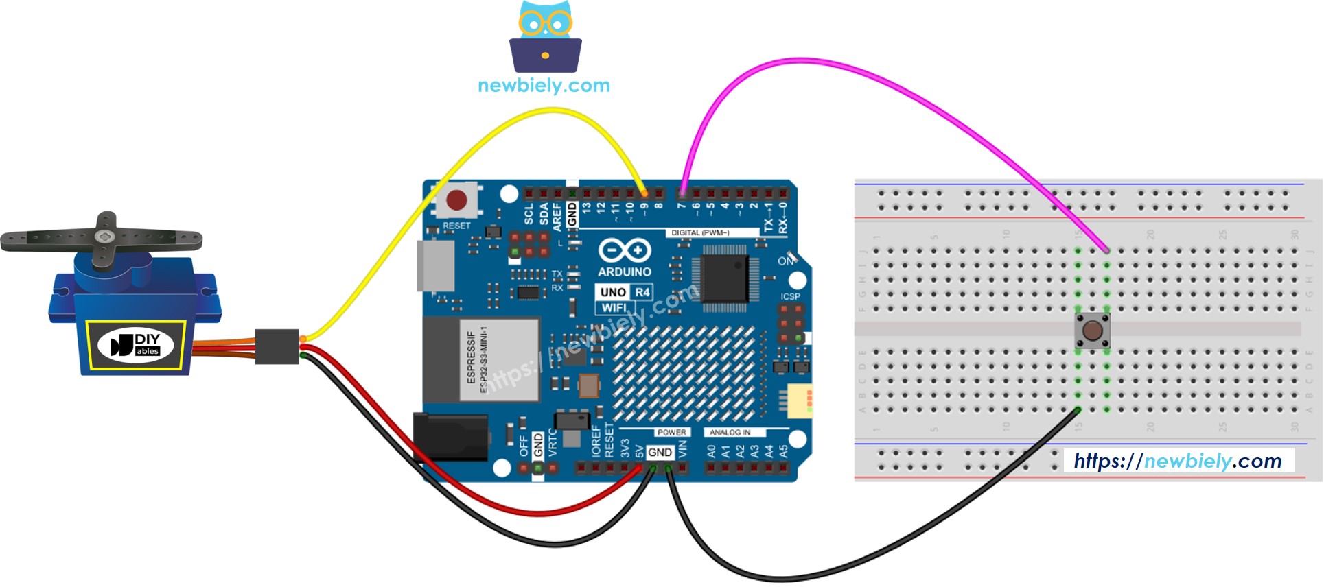 Schéma de câblage Arduino UNO R4 : bouton et servomoteur