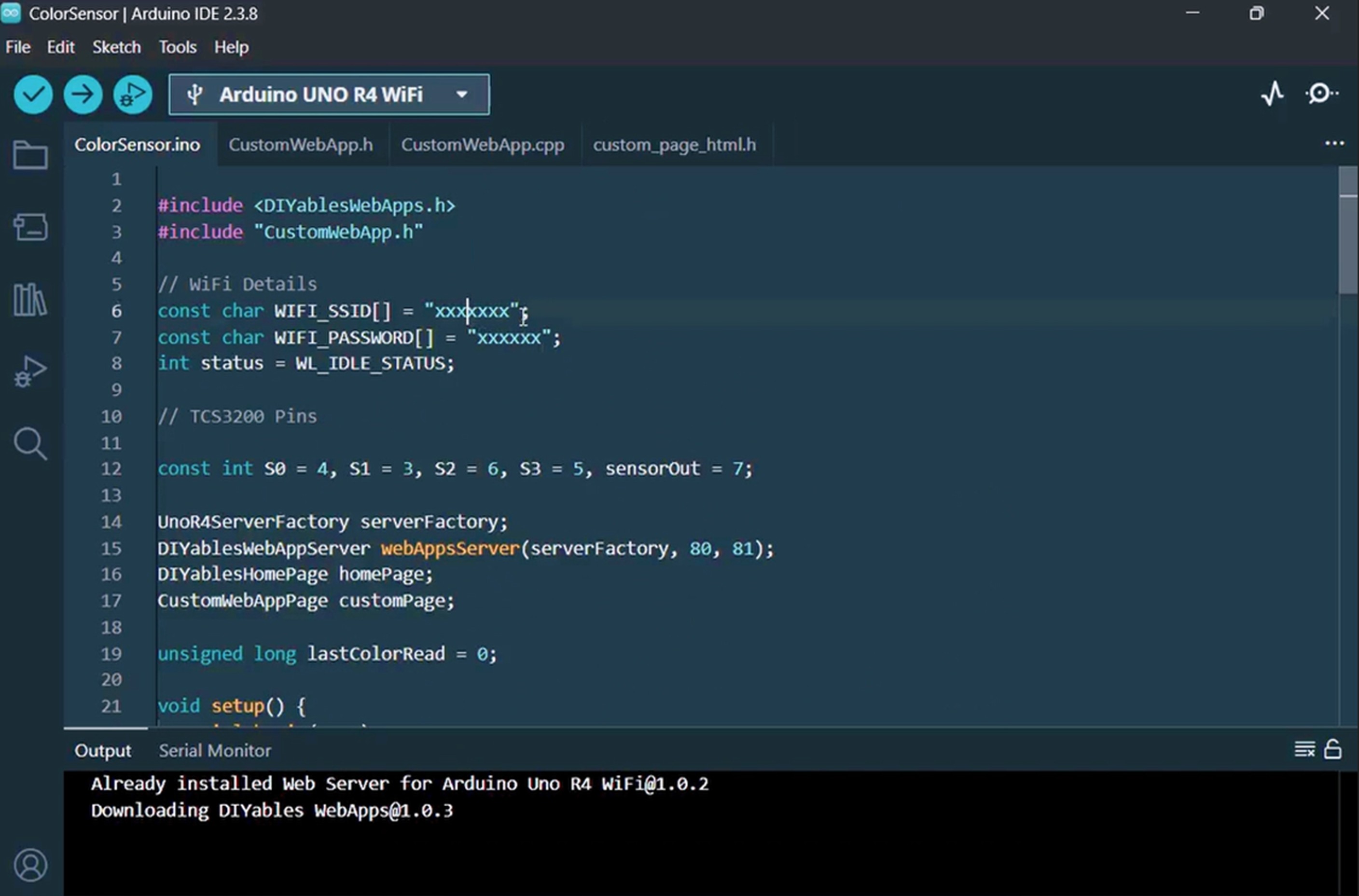 Fichiers du projet application web capteur de couleur Arduino UNO R4 dans l'IDE Arduino
