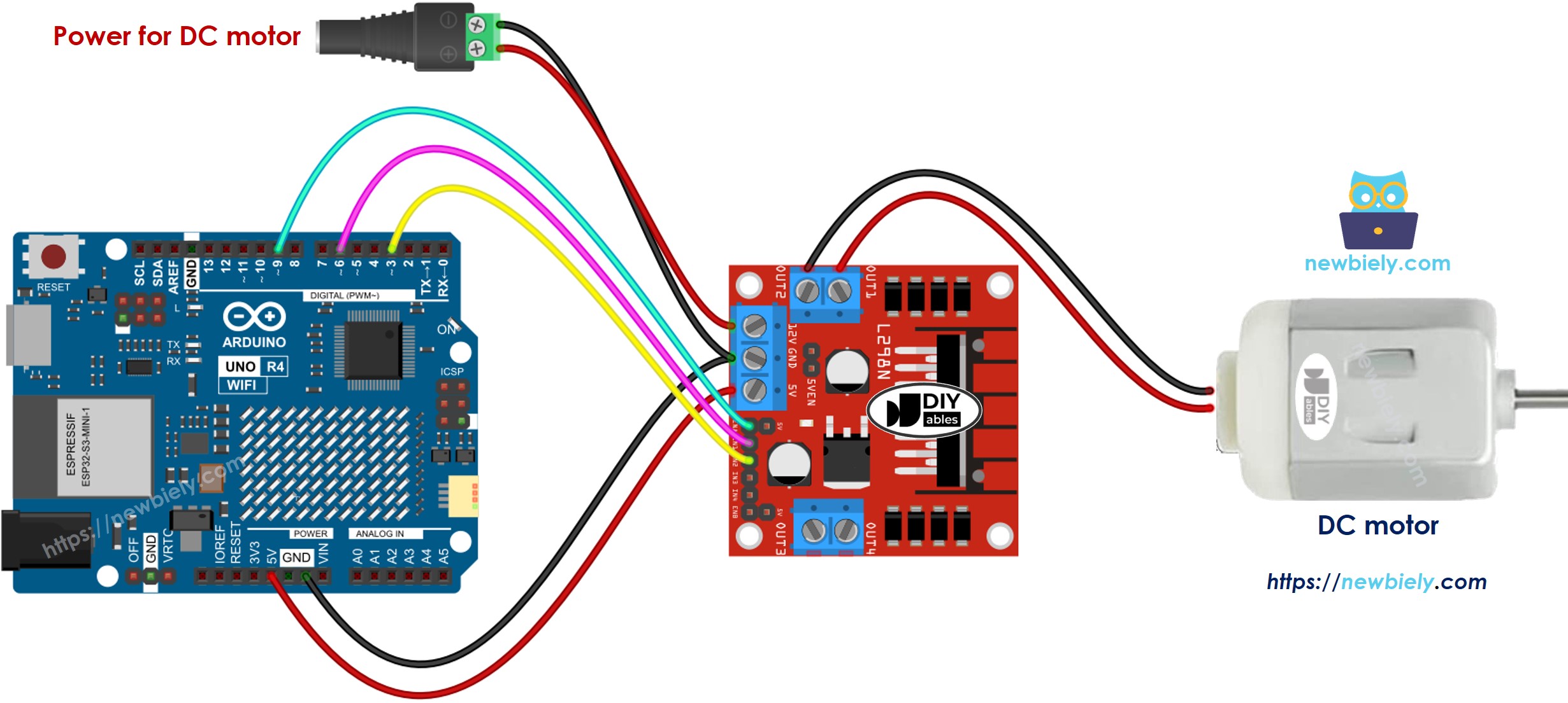 Schéma de câblage du moteur à courant continu et du pilote L298N pour Arduino UNO R4