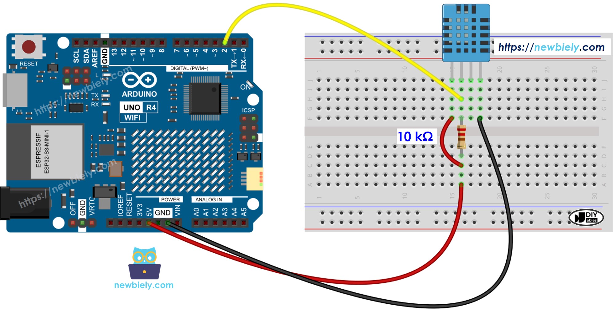 Schéma de câblage du capteur DHT11 de température et d'humidité pour Arduino UNO R4