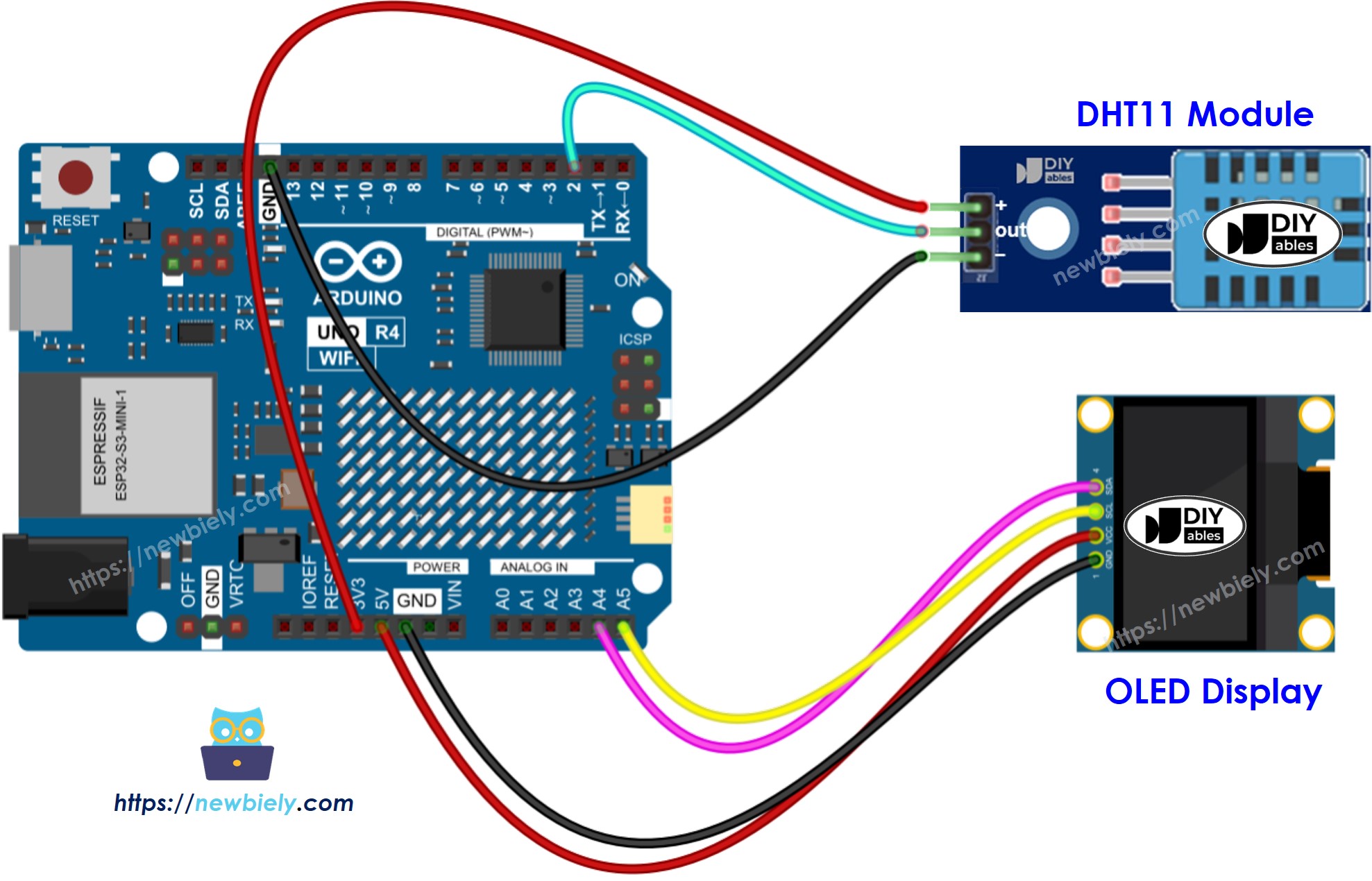 Schéma de câblage OLED pour Arduino UNO R4 DHT11 capteur de température et d'humidité