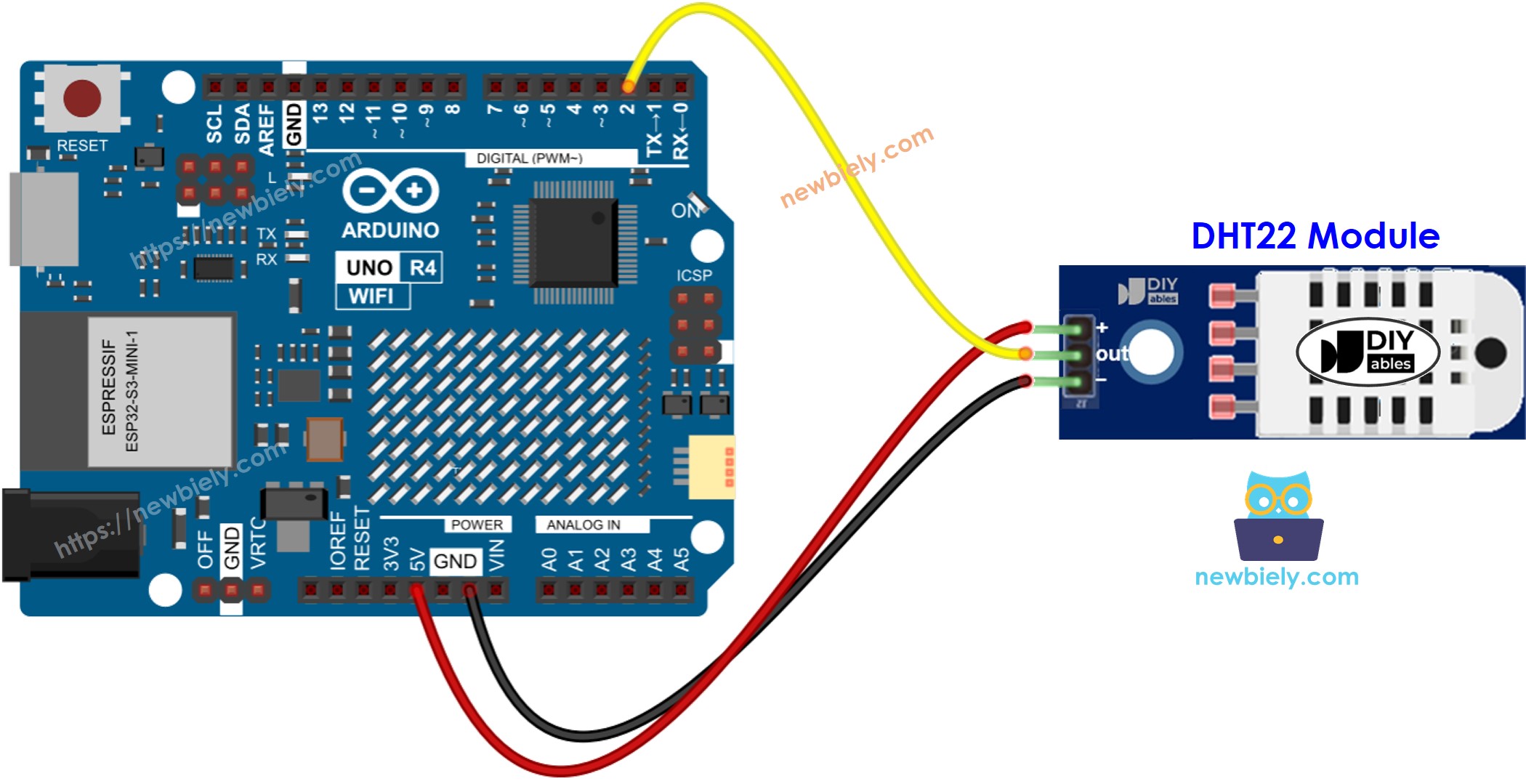 Schéma de câblage du module DHT22 température et humidité pour Arduino UNO R4