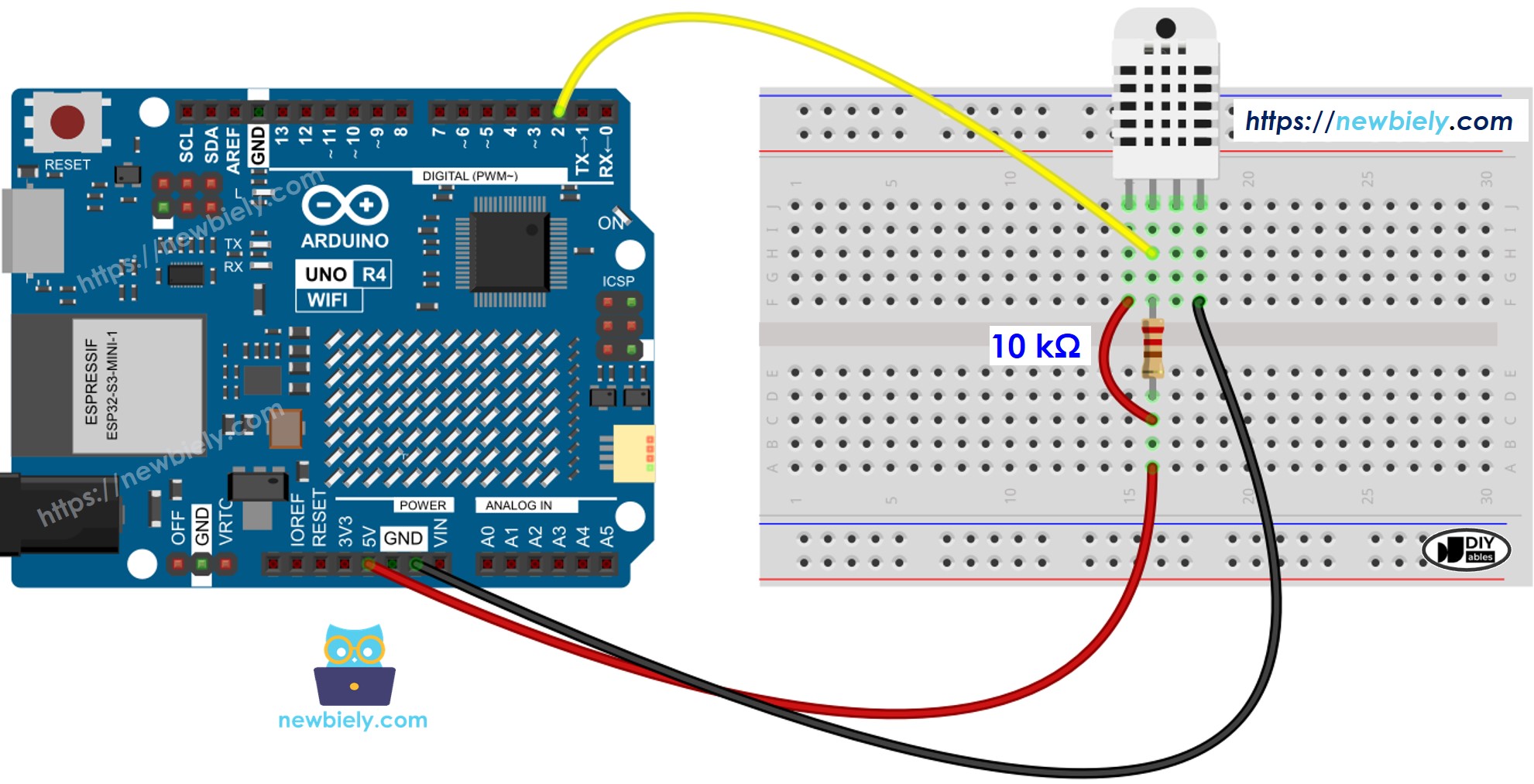 Schéma de câblage du capteur de température et d'humidité DHT22 sur Arduino UNO R4