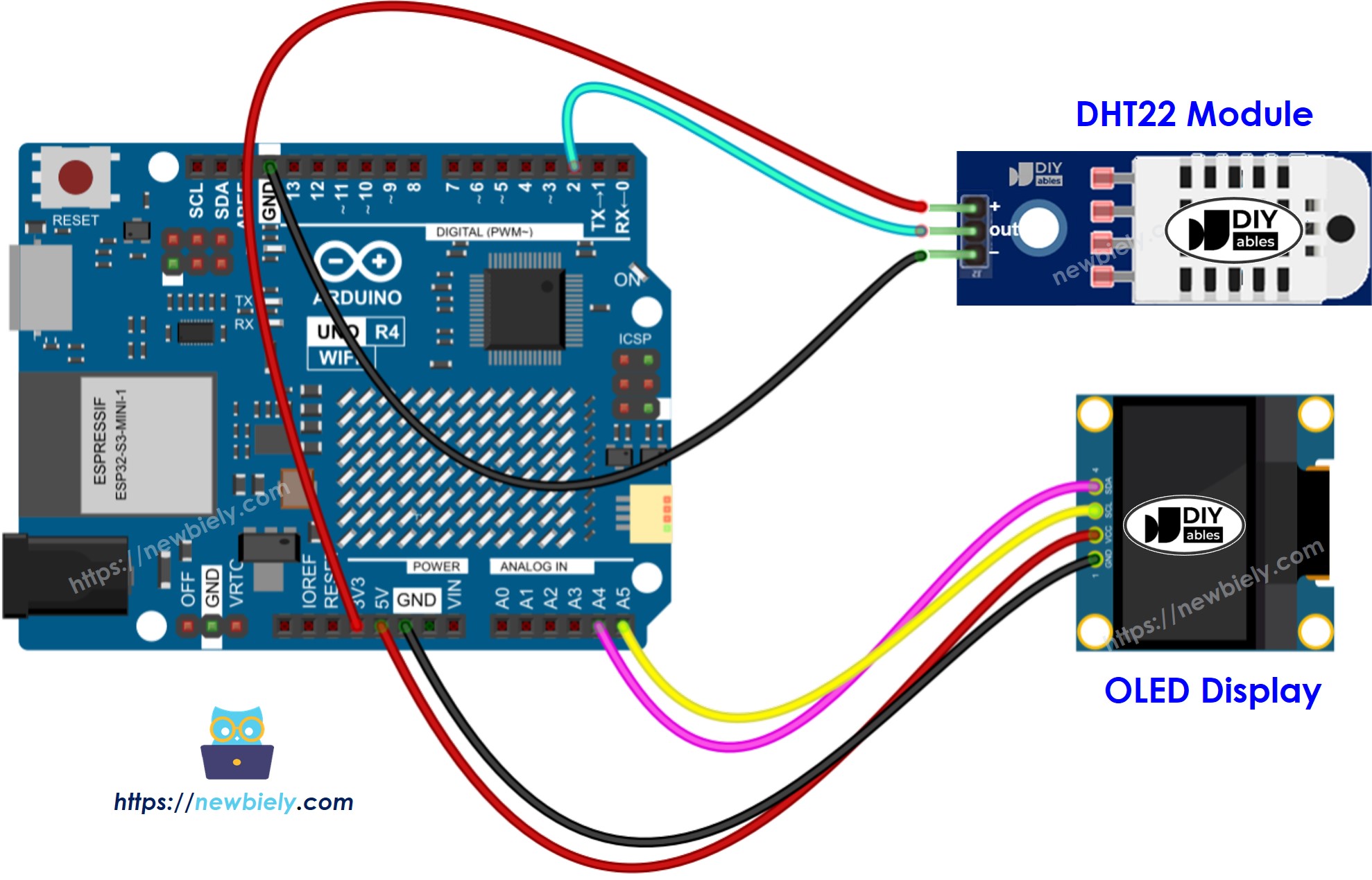 Schéma de câblage OLED pour le module capteur DHT22 température et humidité sur Arduino UNO R4