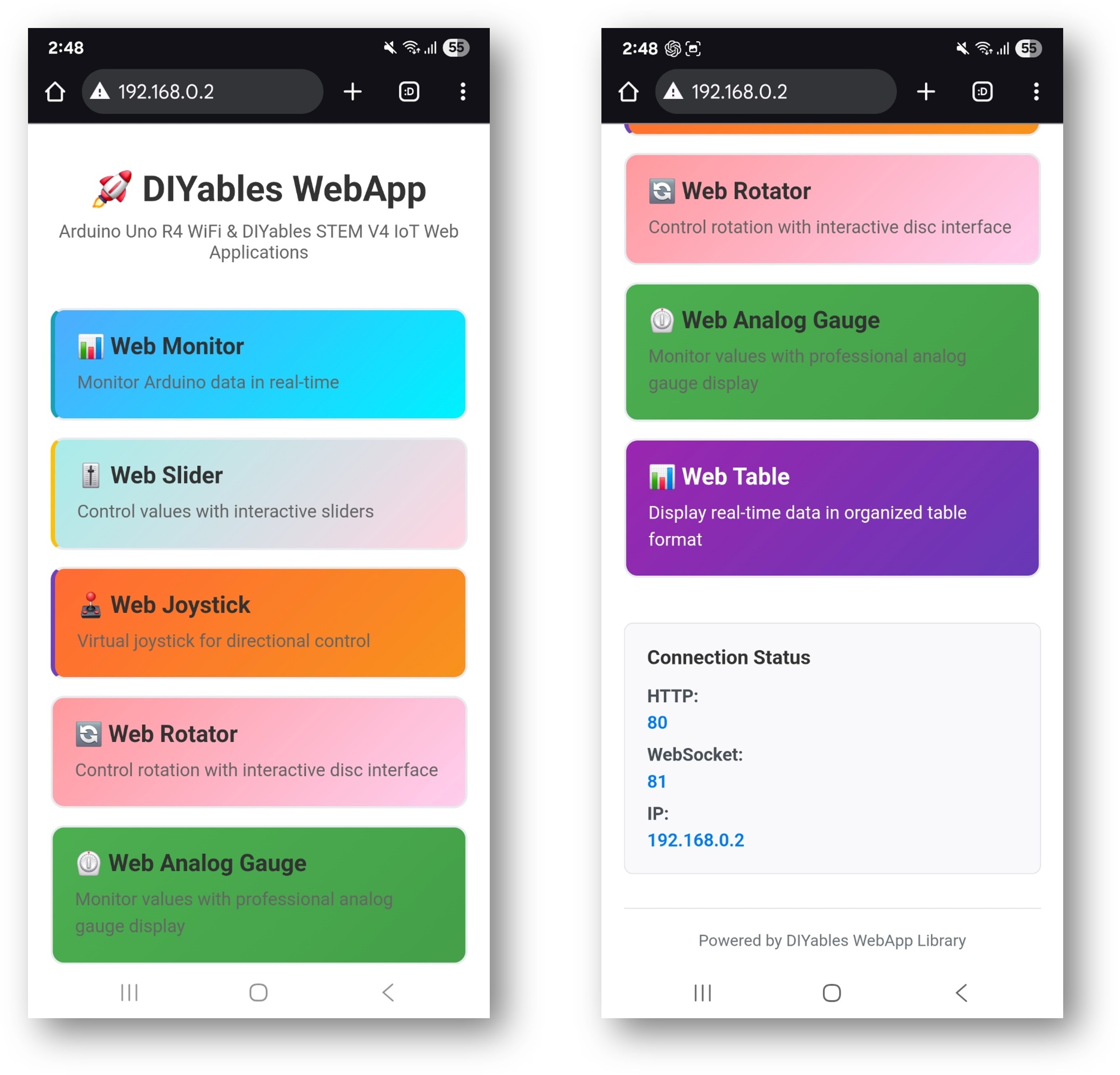 Page d'accueil de la WebApp DIYables pour Arduino UNO R4 avec plusieurs applications Web