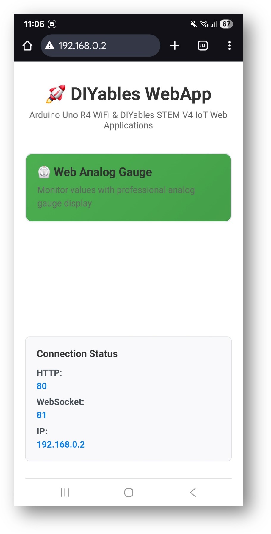 Page d'accueil de l'application Web DIYables pour Arduino UNO R4 avec l'application de jauge analogique Web