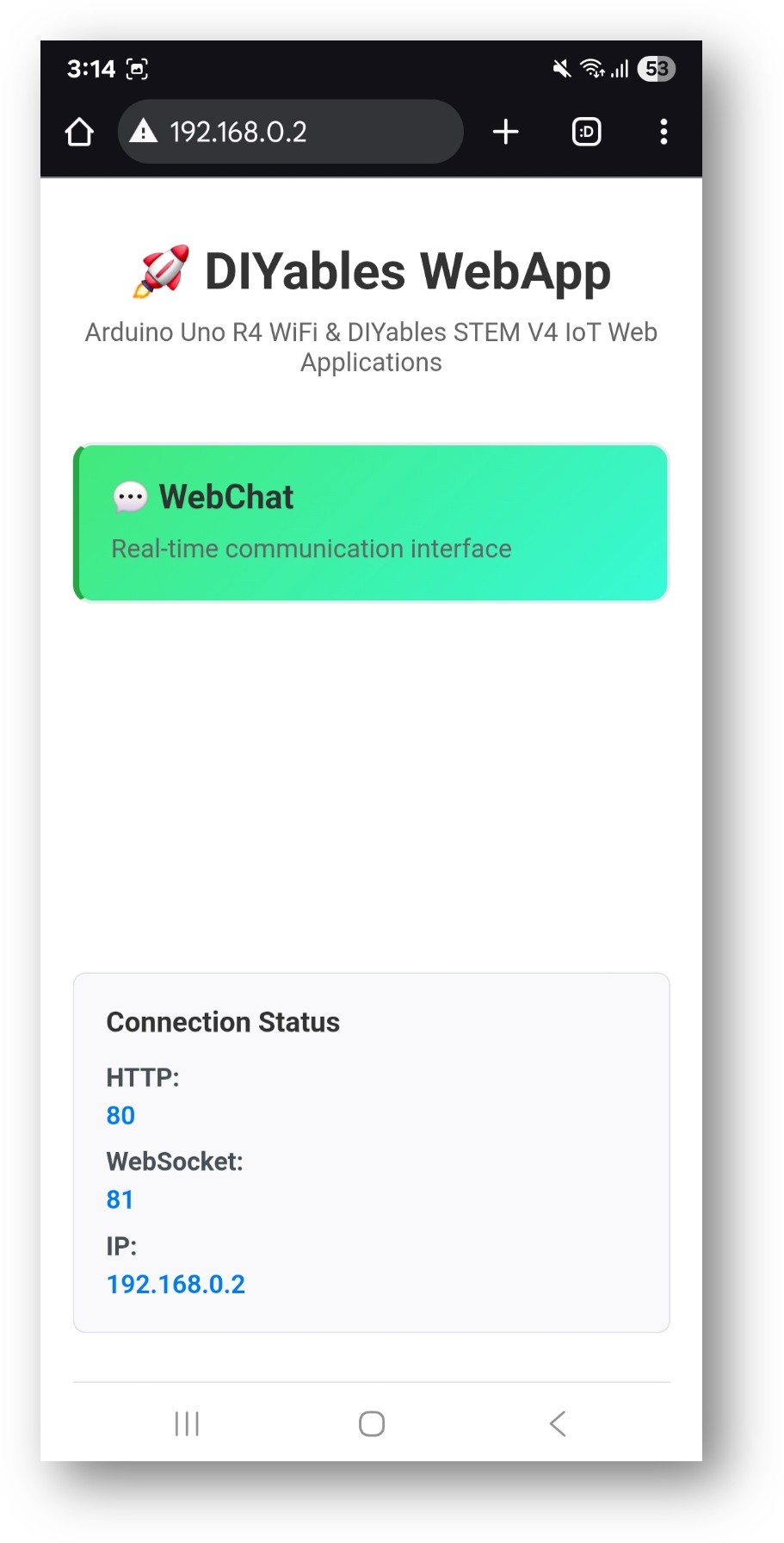 Page d'accueil de l'application Web DIYables pour Arduino UNO R4 avec l'application de chat Web