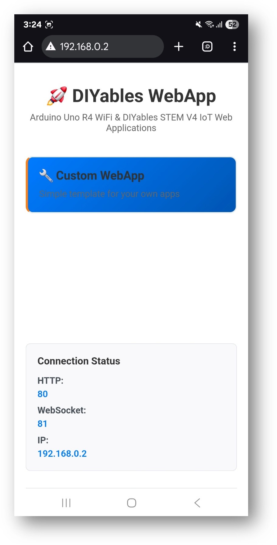 Page d'accueil de l'application Web Arduino UNO R4 DIYables avec l'application Web personnalisée