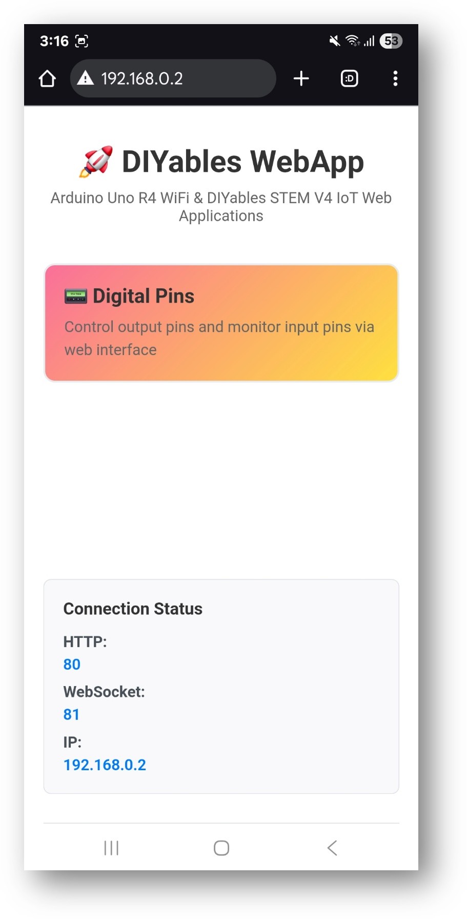 Page d'accueil de l'application WebApp DIYables pour Arduino UNO R4 avec l'application Web Digital Pins