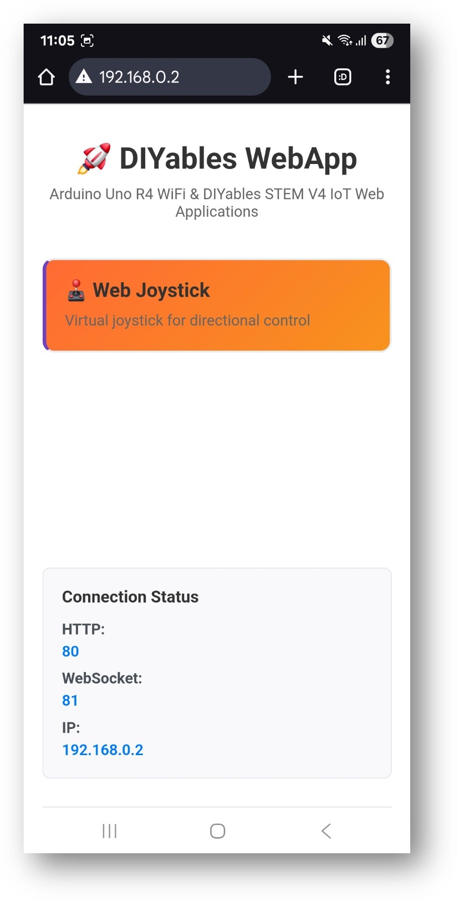 Page d'accueil de la WebApp DIYables pour Arduino UNO R4 avec l'application Web Joystick