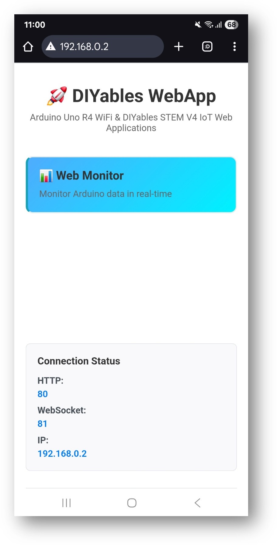 Page d'accueil de l'application Web Arduino UNO R4 DIYables avec l'application Web Monitor