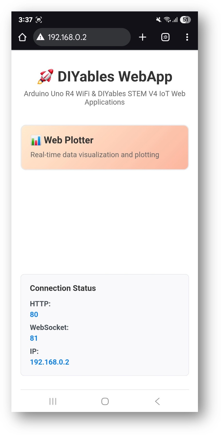 Page d'accueil de l'application Web Arduino UNO R4 DIYables avec l'application Web Plotter