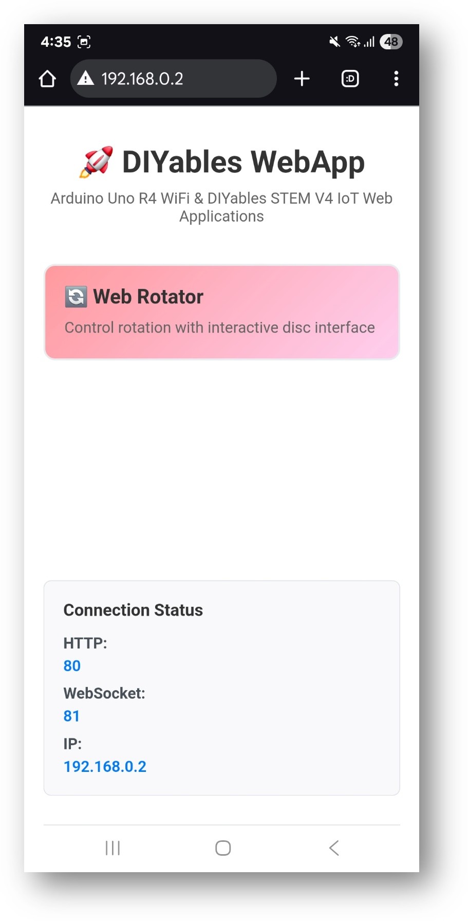 Page d'accueil de l'application Web DIYables pour Arduino UNO R4 avec l'application Web Rotator