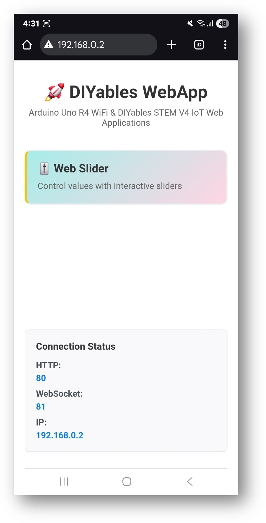 Page d'accueil de l'application Web Arduino UNO R4 DIYables avec l'application Web Slider
