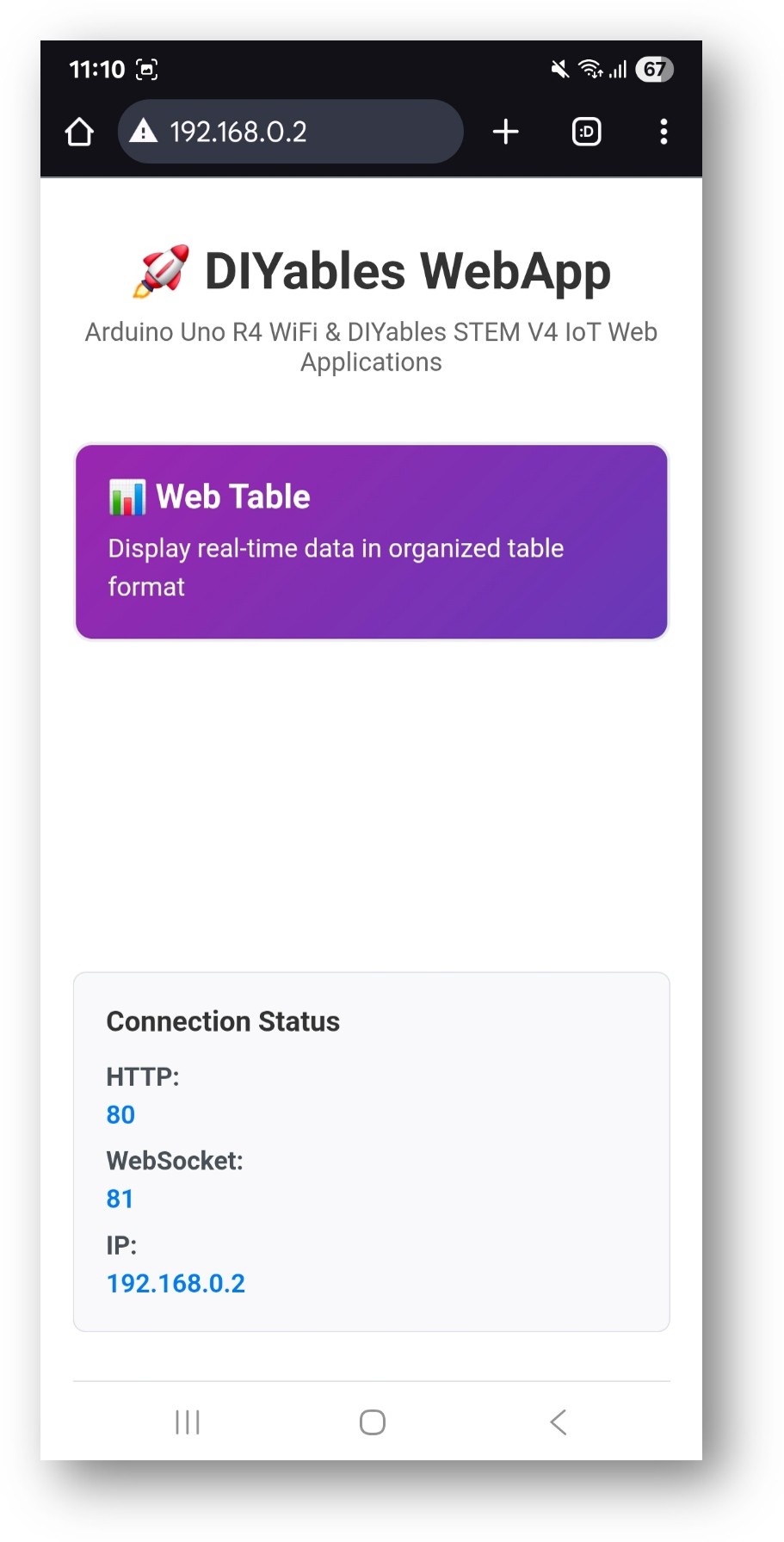 Page d'accueil de l'application Web Arduino UNO R4 DIYables avec l'application Web Table