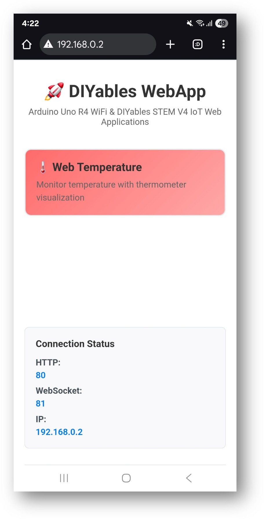 Page d'accueil de l'application Web Arduino UNO R4 DIYables avec l'application Web Température
