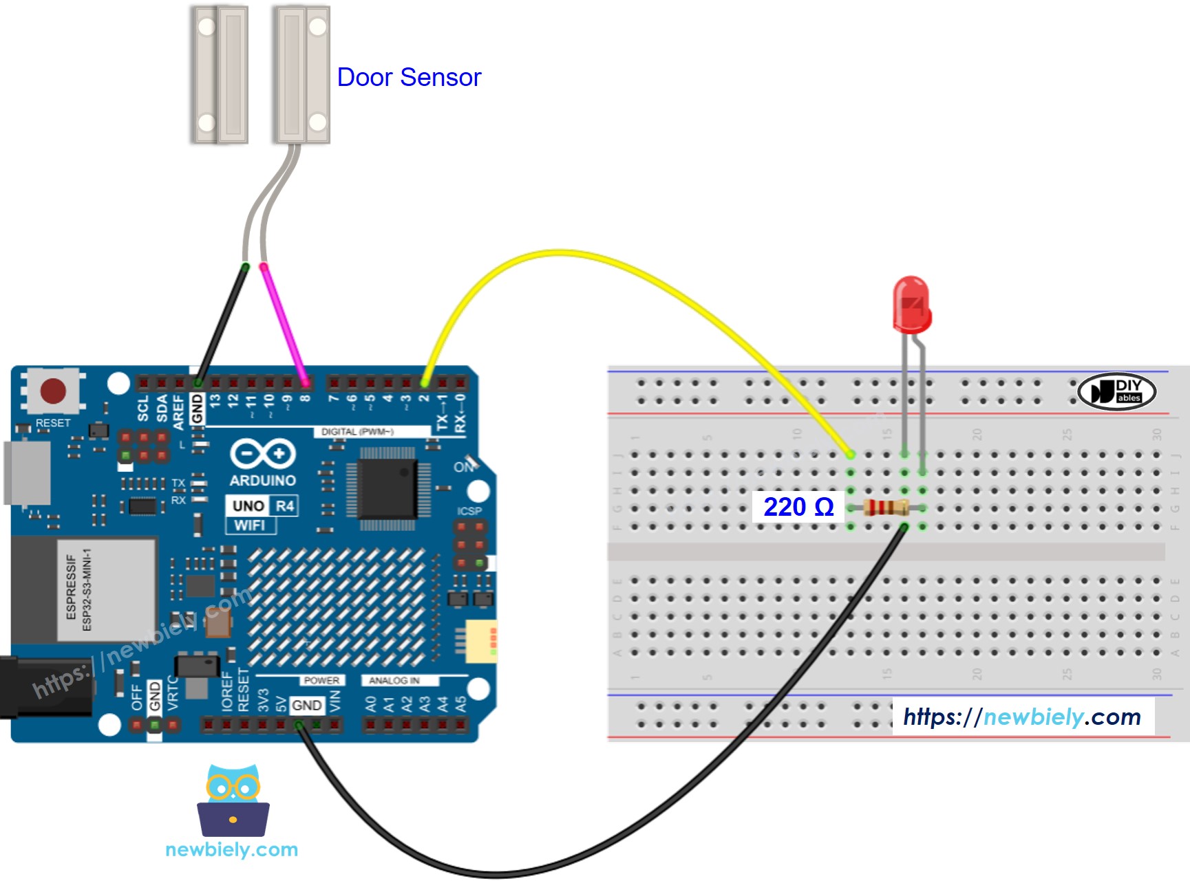 Schéma de câblage de la LED du capteur de porte Arduino UNO R4