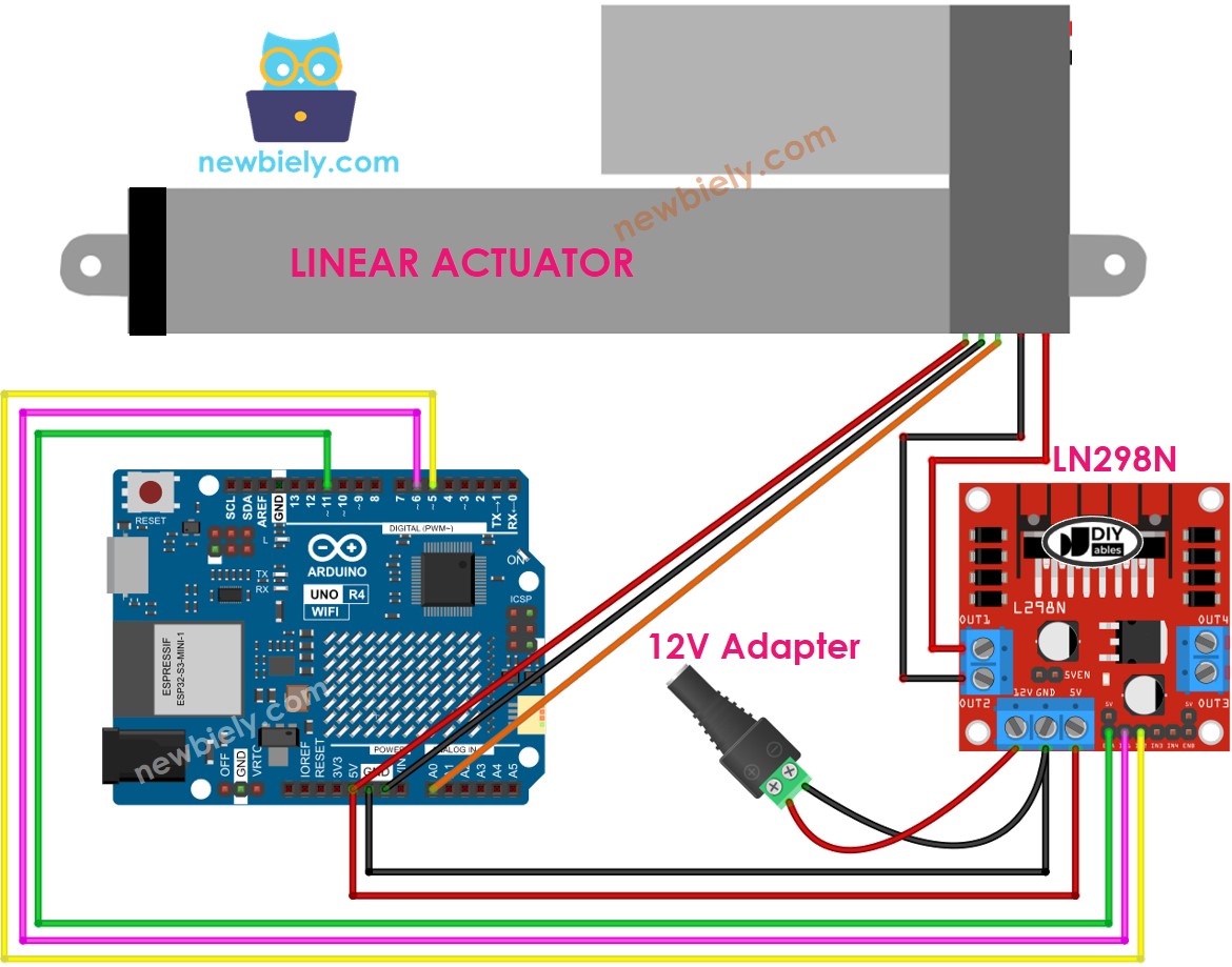 Schéma de câblage du pilote L298N pour actionneur linéaire sur Arduino UNO R4