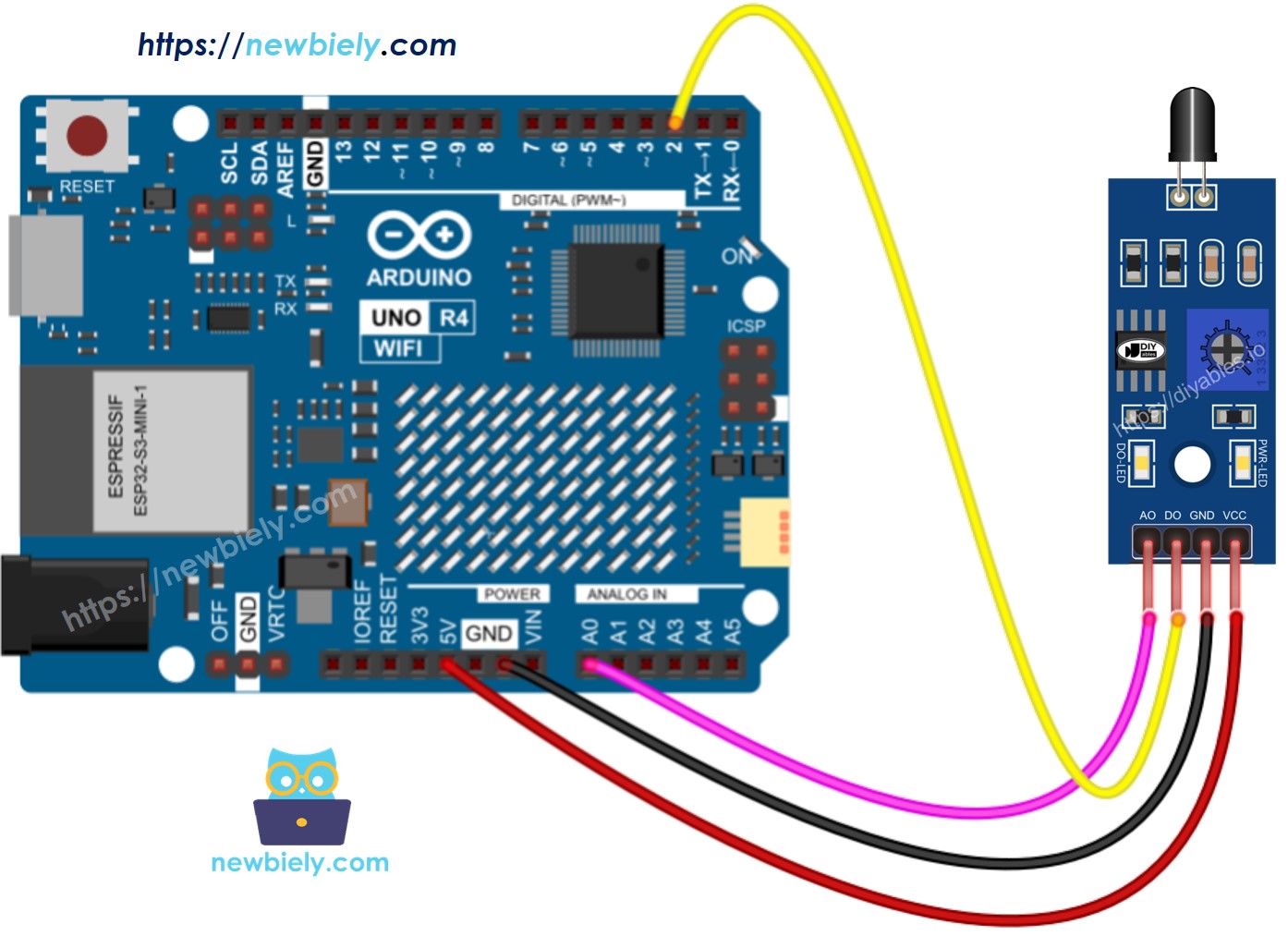 Schéma de câblage du capteur de flamme Arduino UNO R4