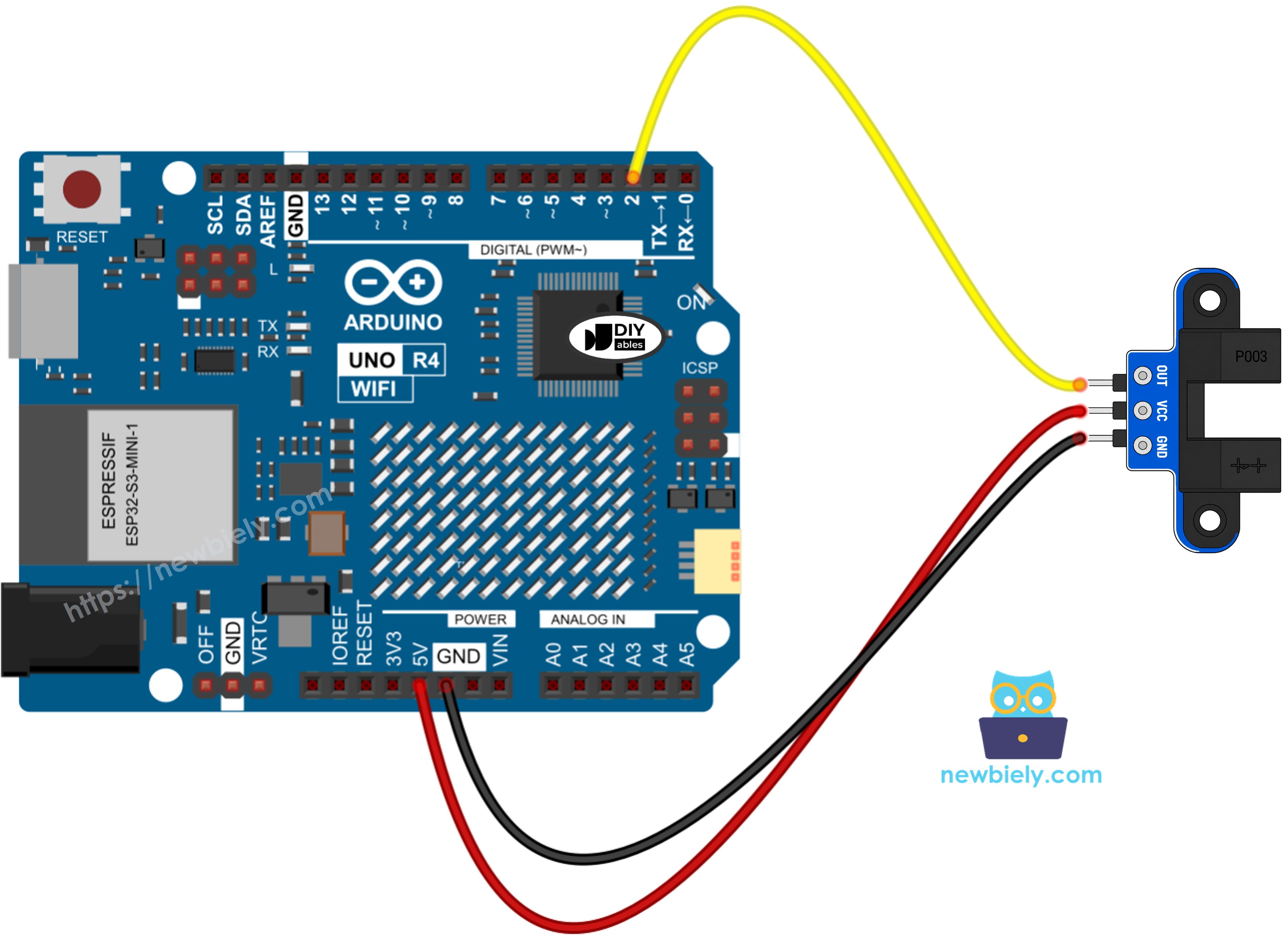 Schéma de câblage de l'Arduino UNO R4 avec le capteur de vitesse optique à fente IR