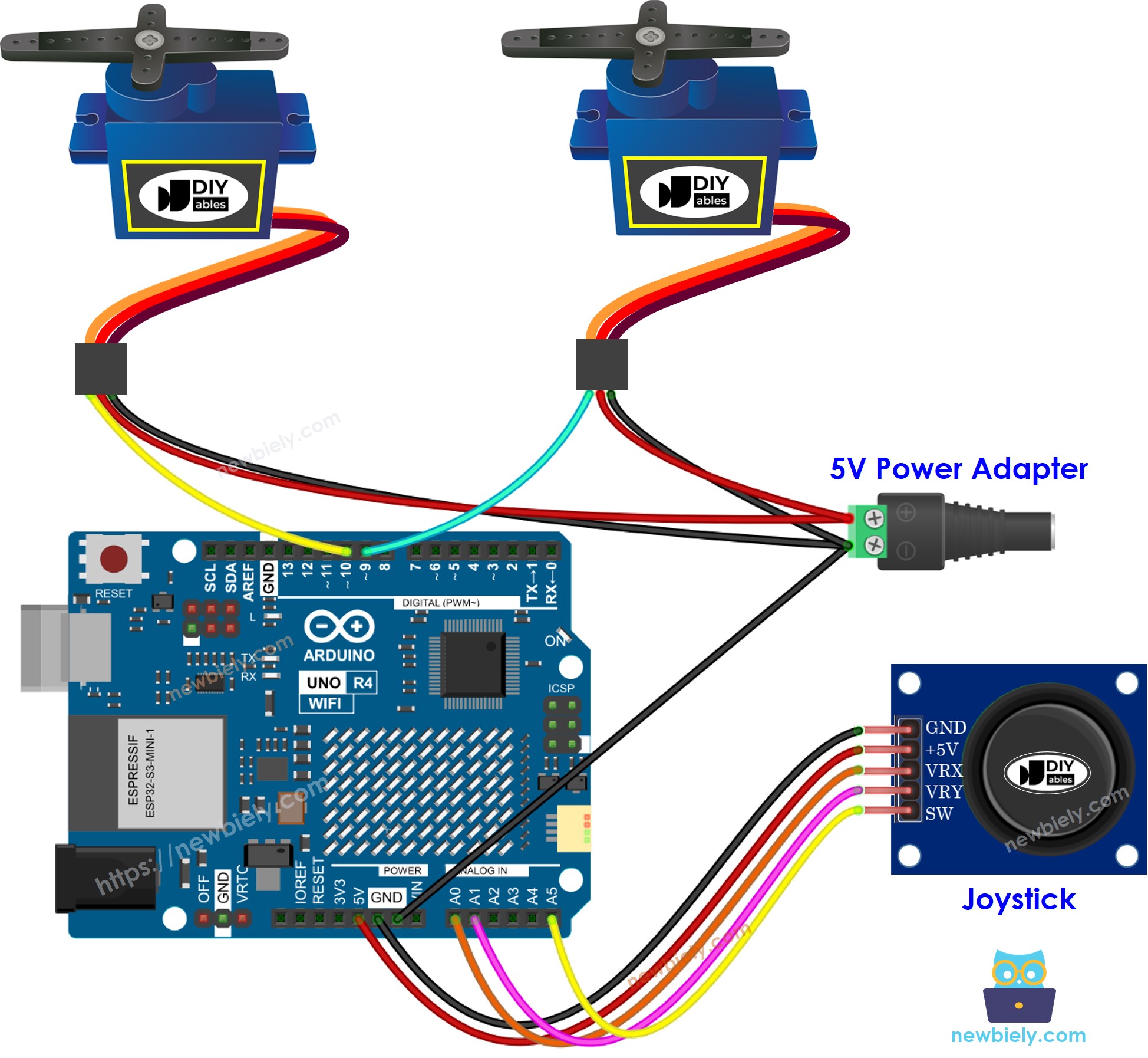 Schéma de câblage du servo-moteur du joystick pour Arduino UNO R4