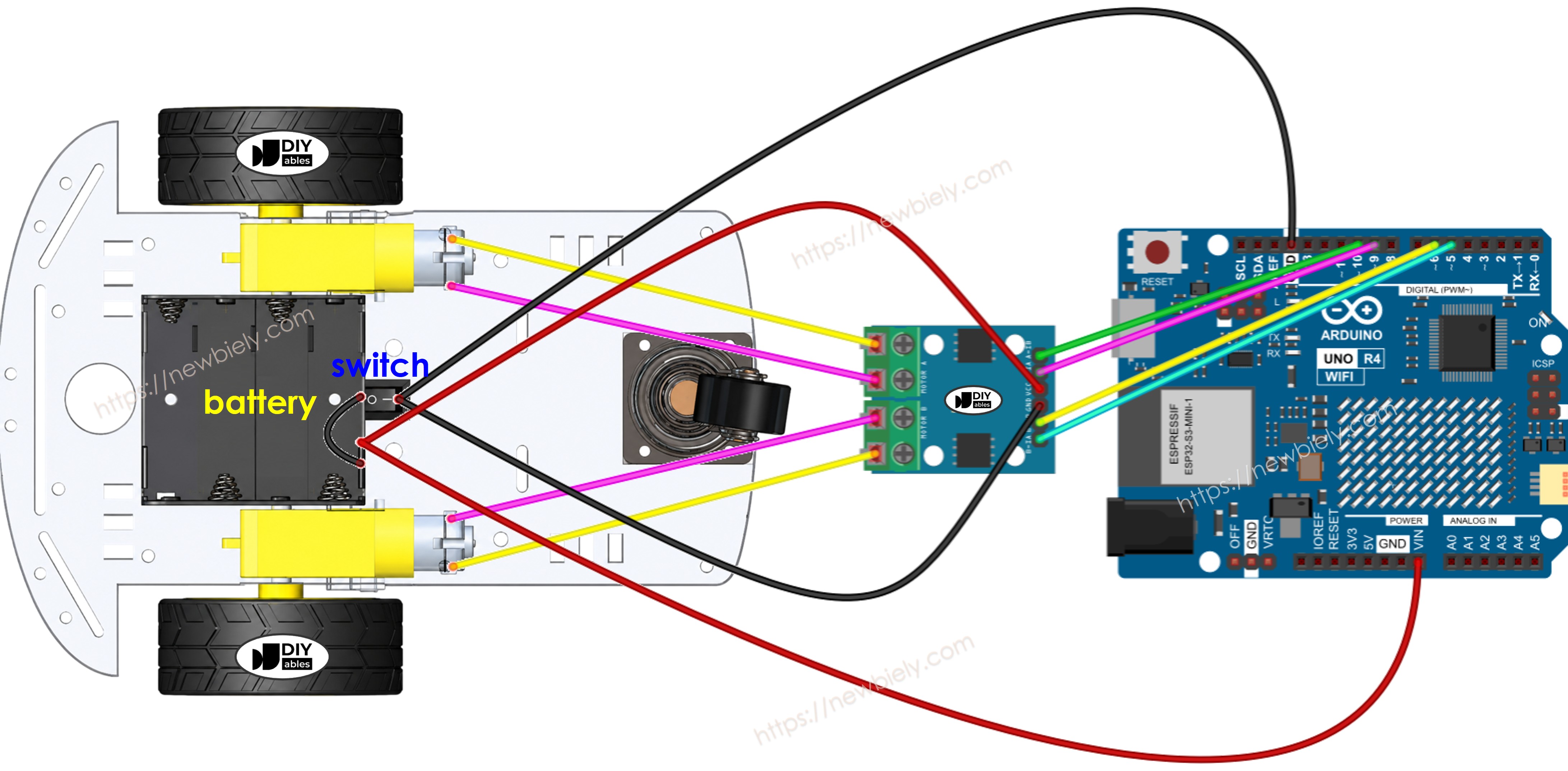 Schéma de câblage de la voiture RC à deux roues motrices Arduino UNO R4