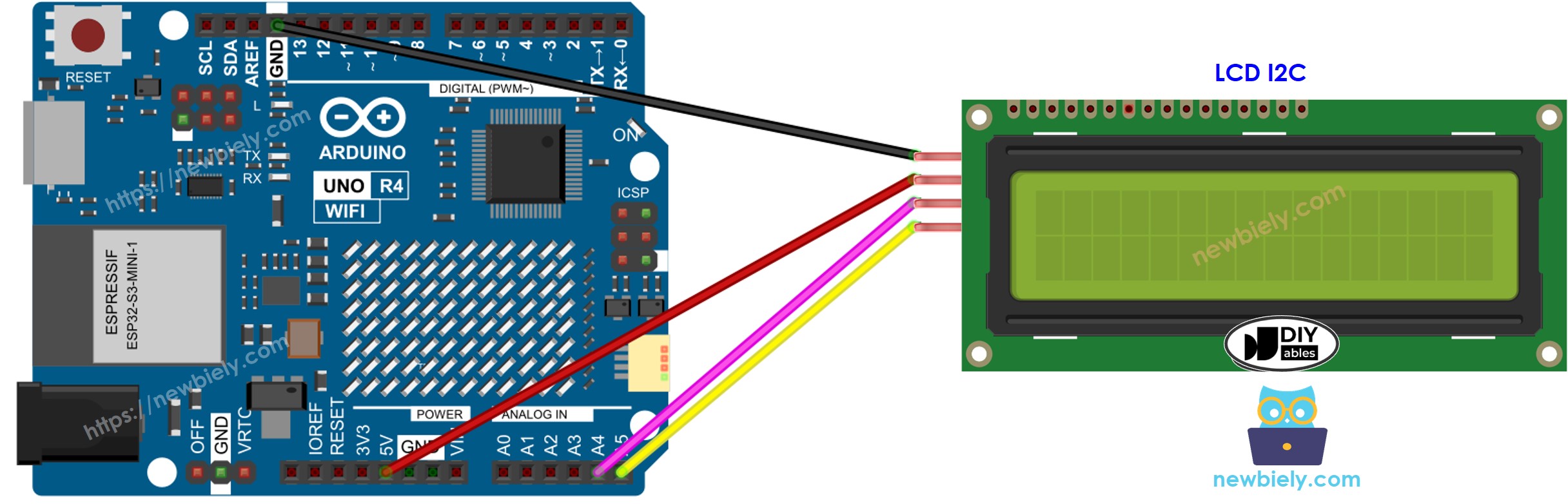 Schéma de câblage LCD I2C pour Arduino UNO R4