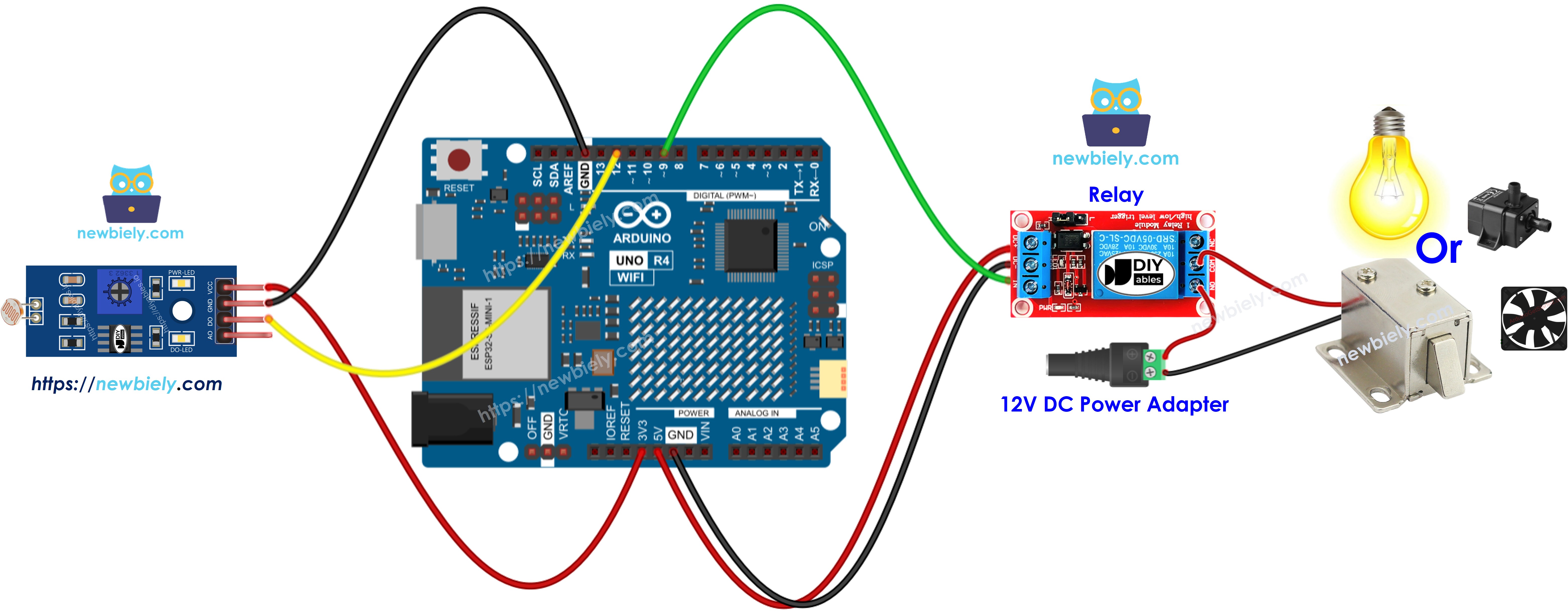 Schéma de câblage du module relais du capteur de lumière LDR pour Arduino UNO R4