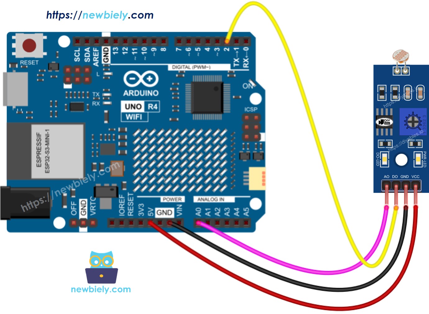 Schéma de câblage du module capteur de lumière LDR pour Arduino UNO R4