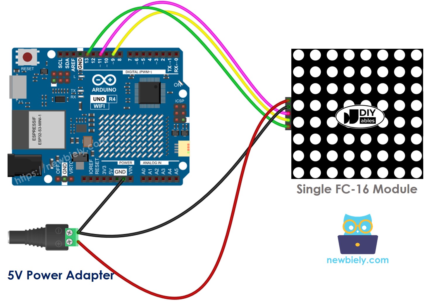 Schéma de câblage Arduino UNO R4 pour matrice LED 8x8 FC-16