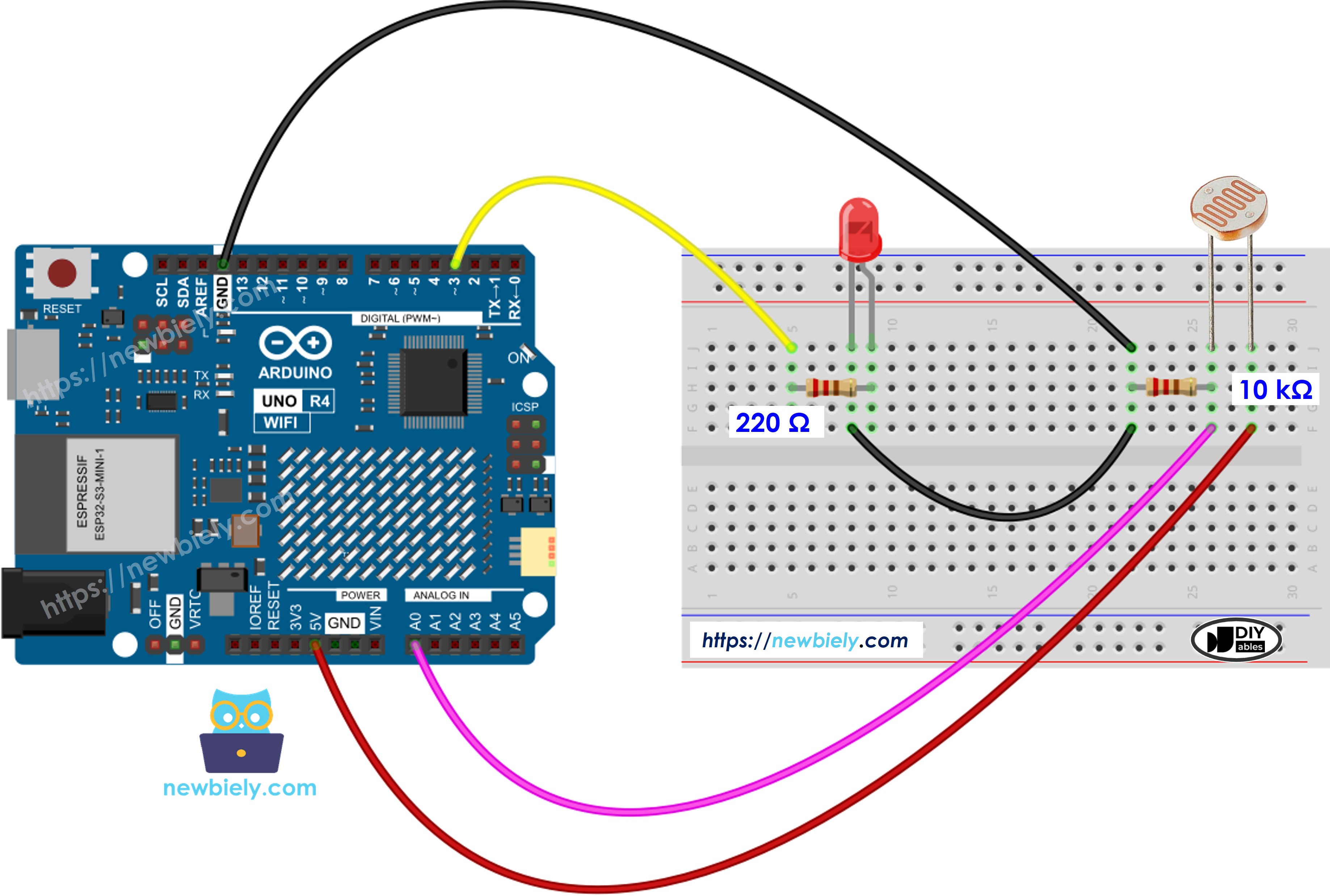 Schéma de câblage LED du capteur de lumière pour Arduino UNO R4