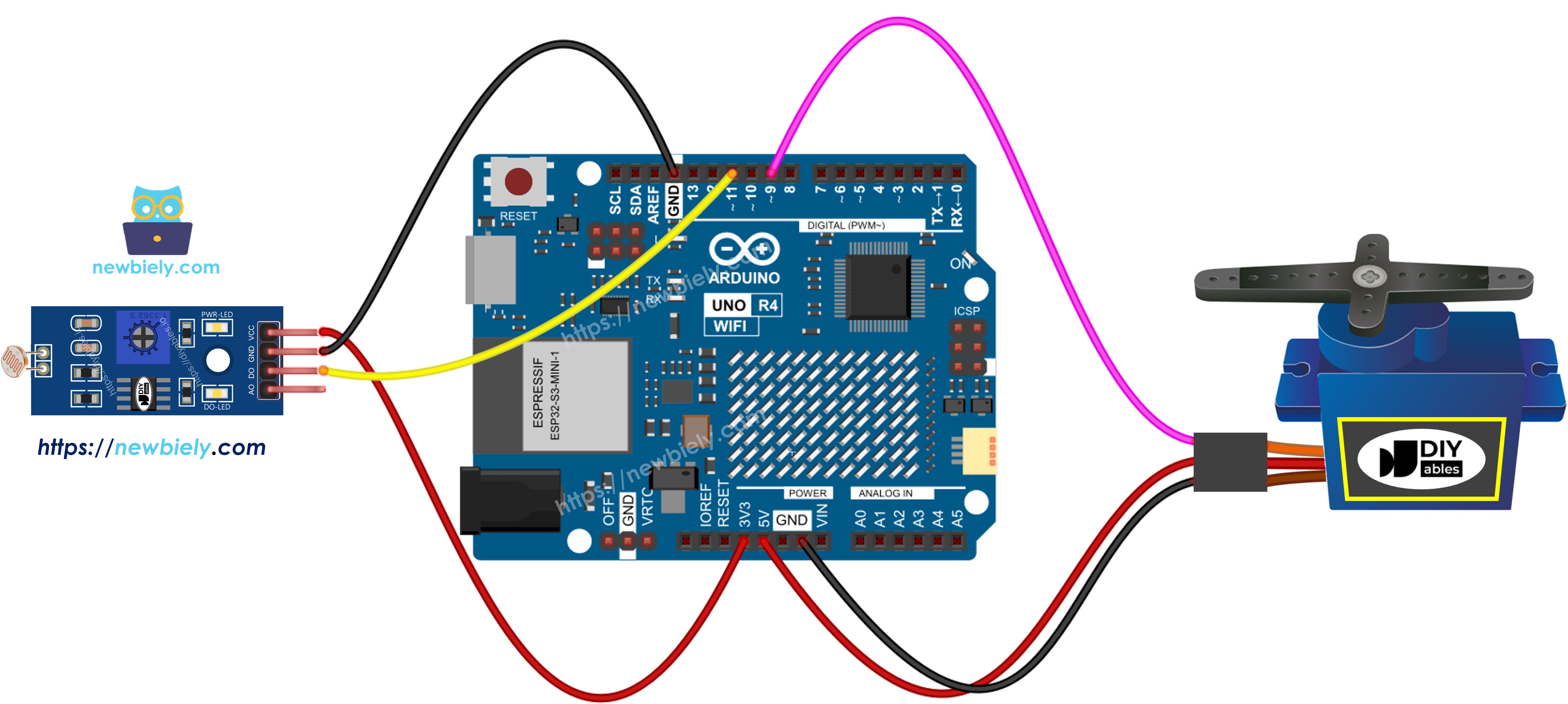 Schéma de câblage Arduino UNO R4 pour module capteur de lumière et servomoteur