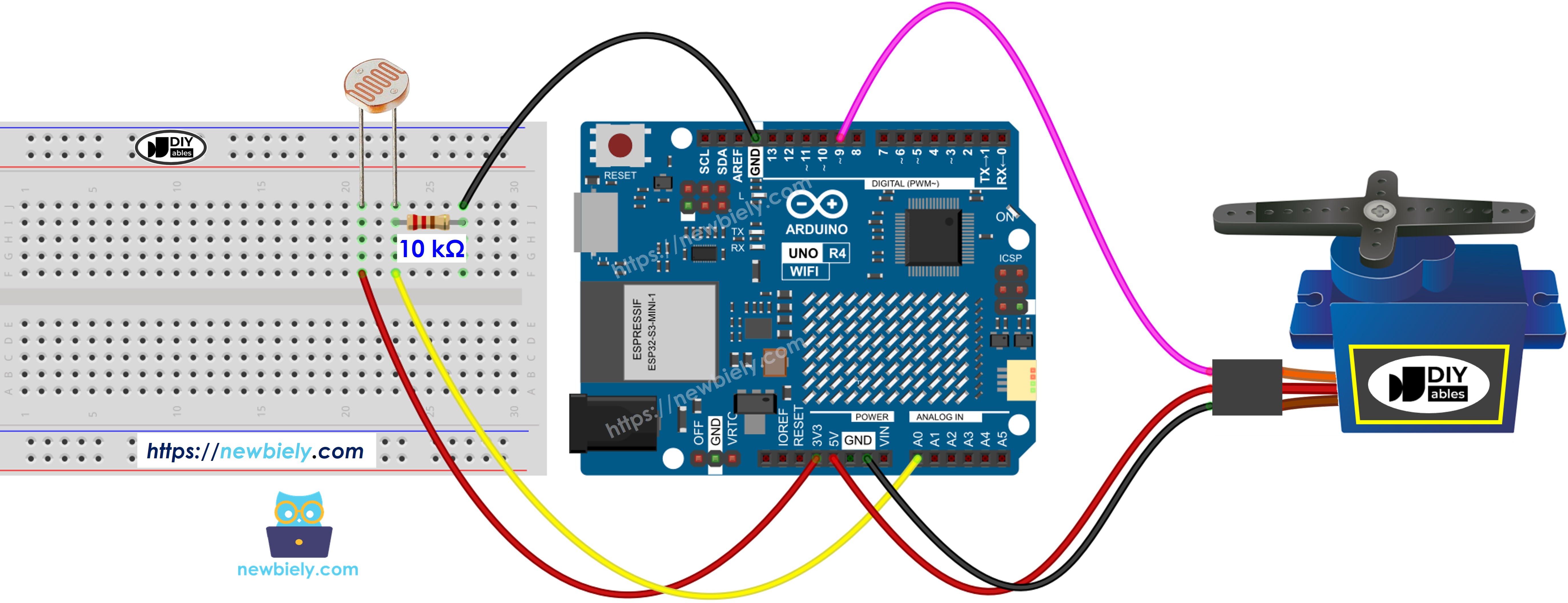 Schéma de câblage du capteur lumineux et du servomoteur pour Arduino UNO R4