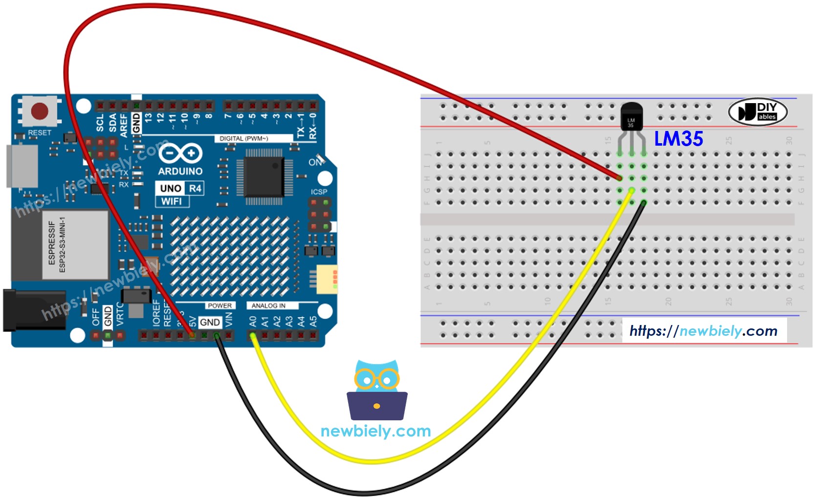 Schéma de câblage du capteur de température LM35 pour Arduino UNO R4