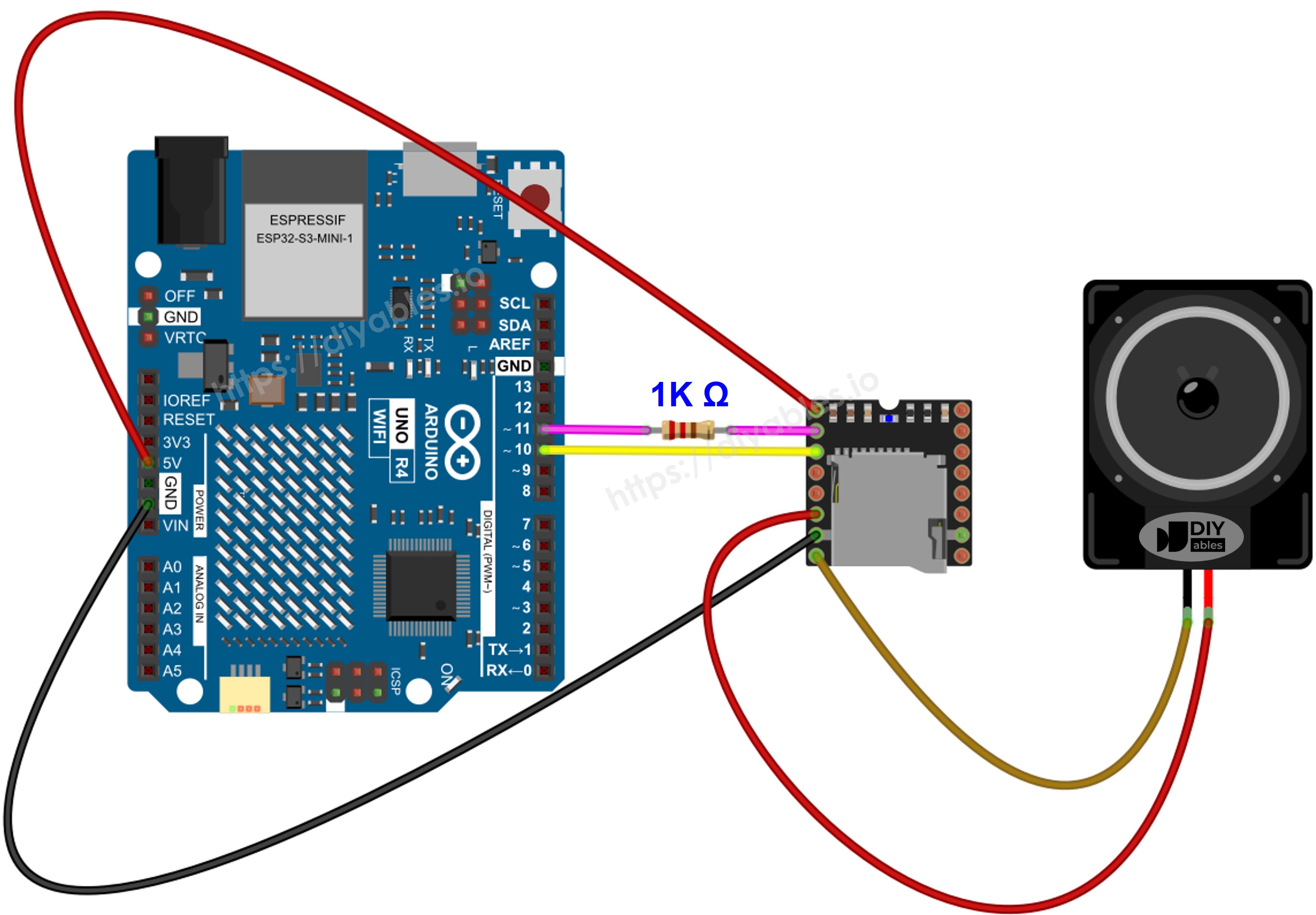 Arduino Uno R4 Mini Mp3 Player wiring diagram