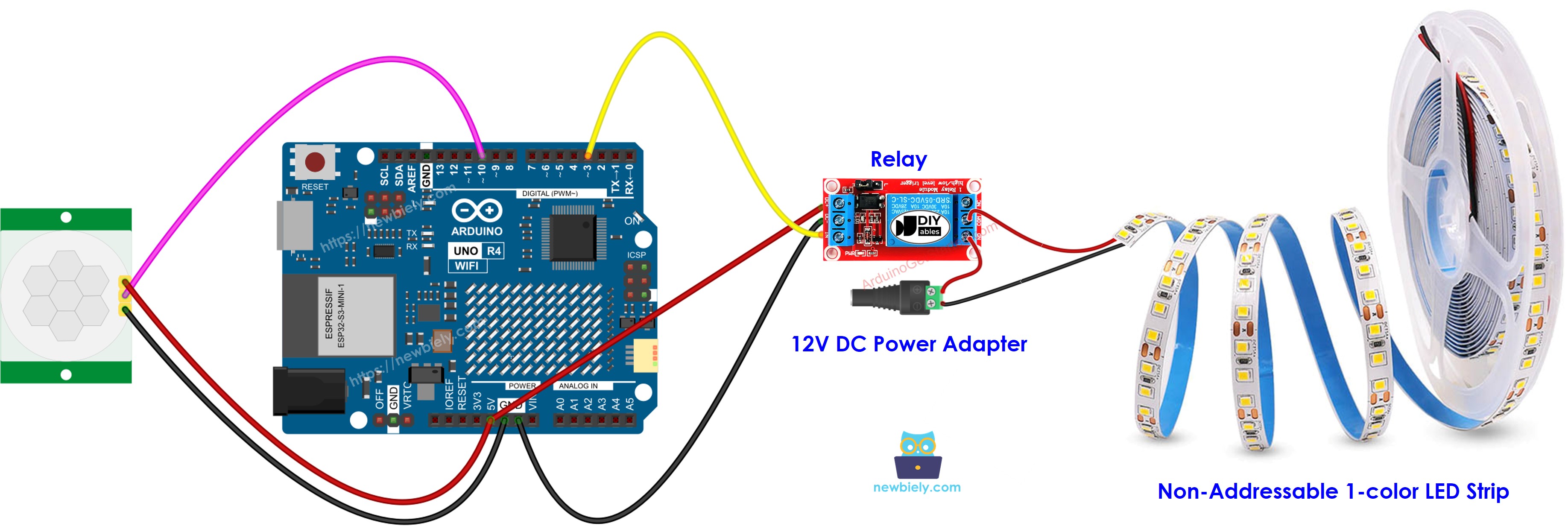 Schéma de câblage Arduino UNO R4 – capteur de mouvement et bande LED